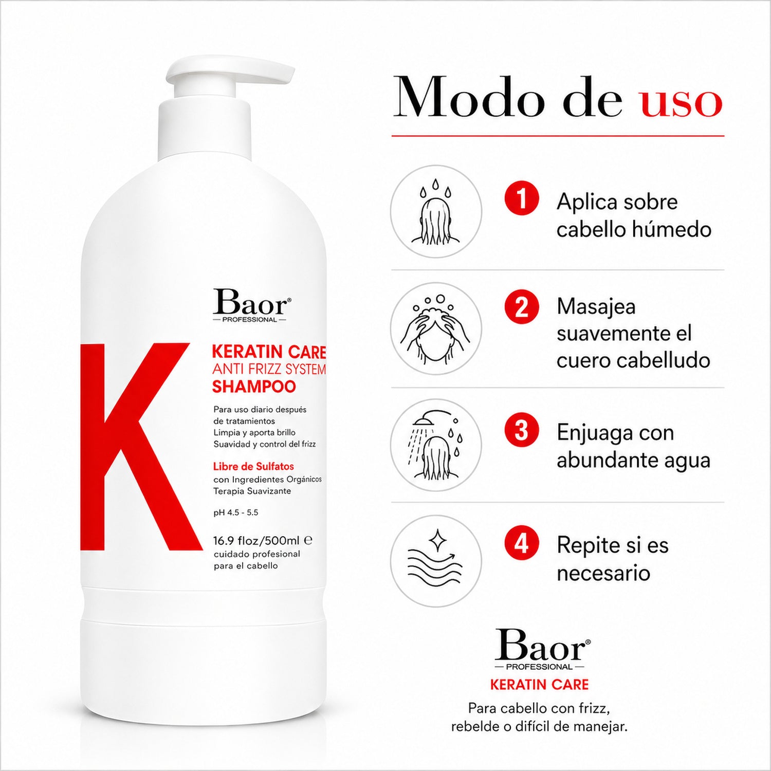 BAOR Shampoo Keratin Care 500 ml para cabello con frizz, rebelde o difícil de manejar
