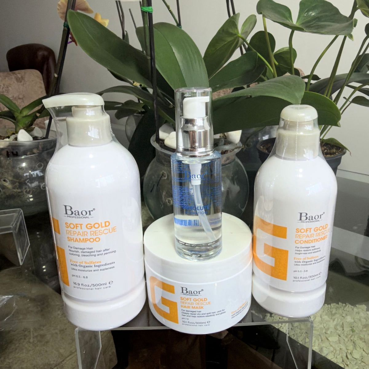 Foto real en Wapas del pack BAOR Soft Gold con shampoo, acondicionador y mascarilla y Absolute Hydration.