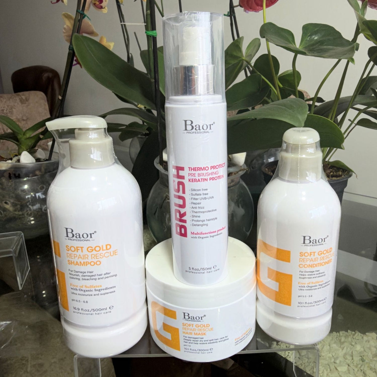 Foto real en Wapas del pack BAOR Soft Gold con shampoo, acondicionador y mascarilla y Brush Thermo Protect.