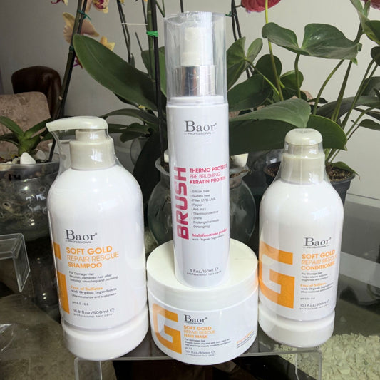 Foto real en Wapas del pack BAOR Soft Gold con shampoo, acondicionador y mascarilla y Brush Thermo Protect.