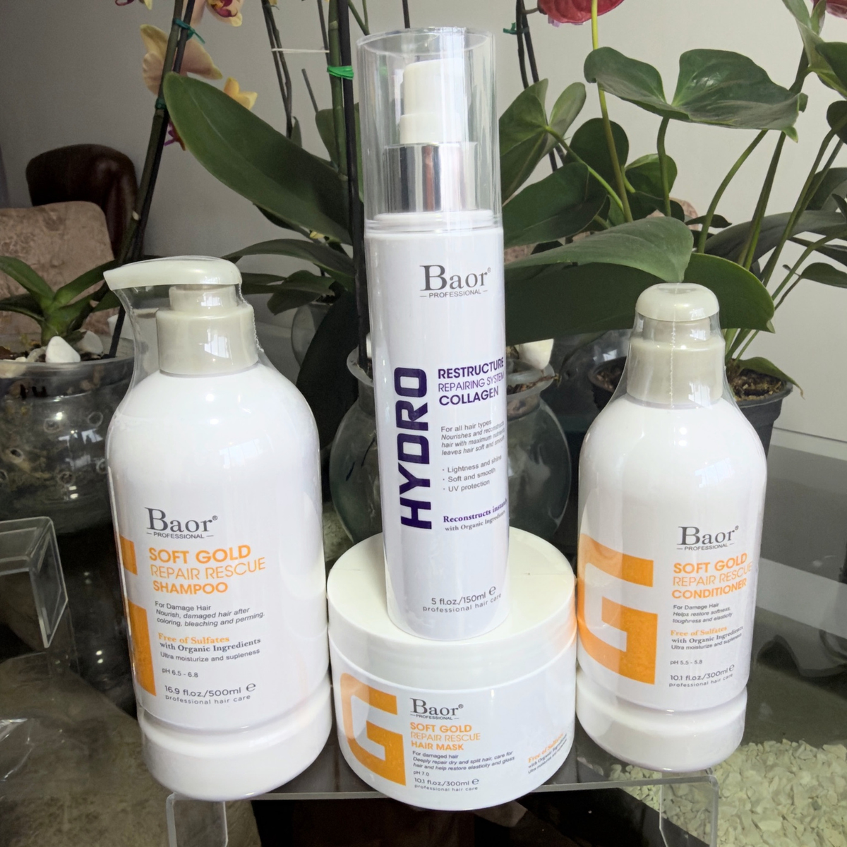 Foto real en Wapas del pack BAOR Soft Gold con shampoo, acondicionador y mascarilla y Hydro Collagen.