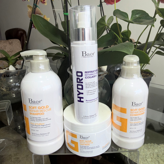 Foto real en Wapas del pack BAOR Soft Gold con shampoo, acondicionador y mascarilla y Hydro Collagen.