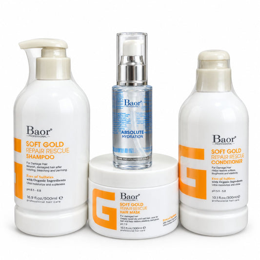 Pack BAOR Soft Gold con shampoo, acondicionador y mascarilla y Absolute Hydration sobre fondo blanco.