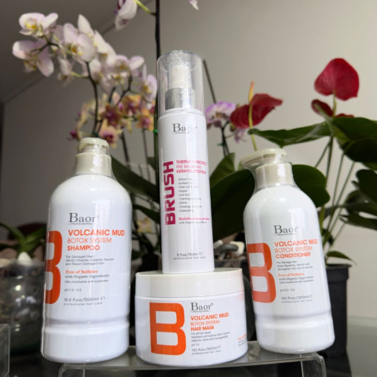 Foto real en Wapas del pack BAOR Volcanic Mud con shampoo, acondicionador y mascarilla y Brush Thermo Protect.