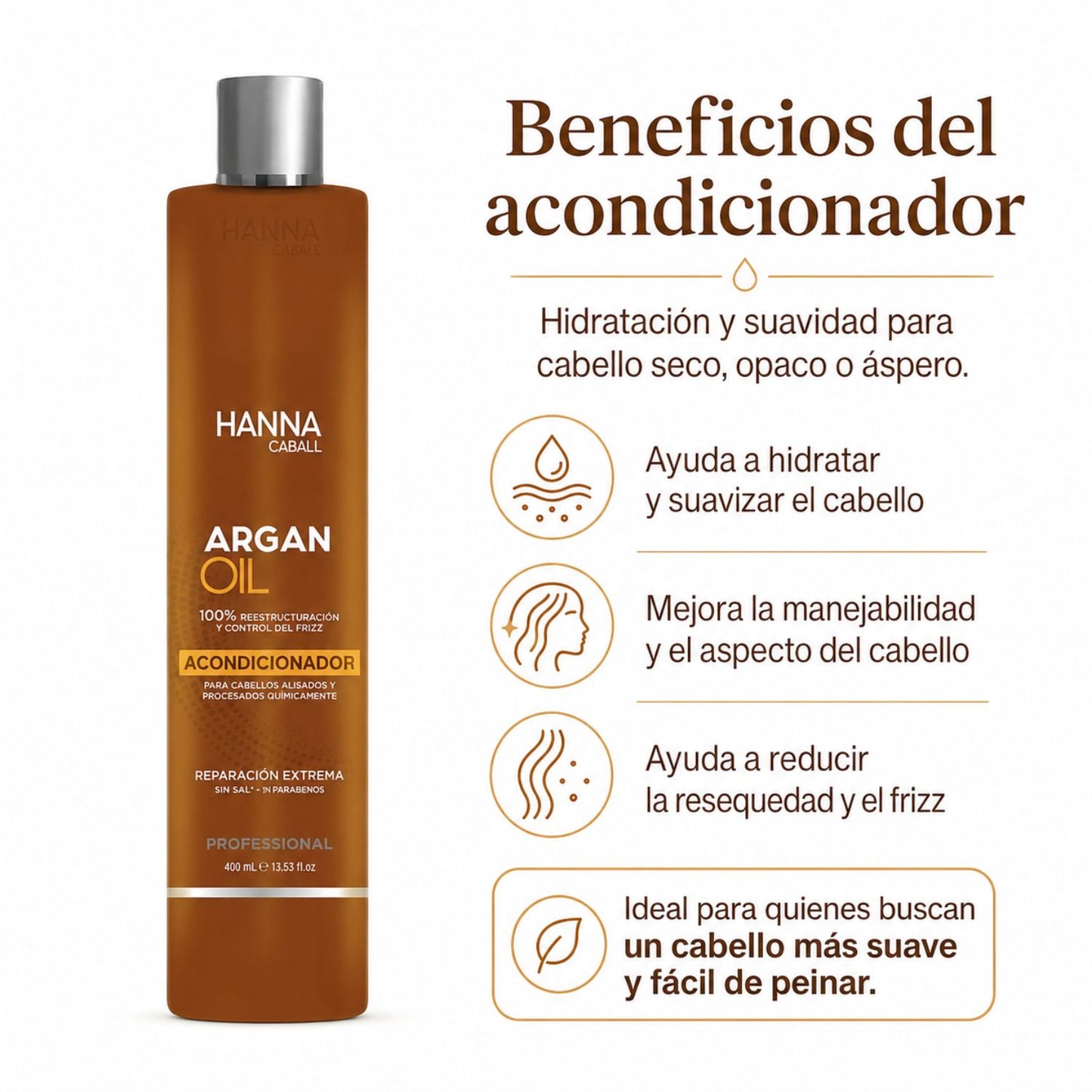 Hanna Caball Acondicionador Argan Oil 400 ml para cabello seco, opaco o áspero