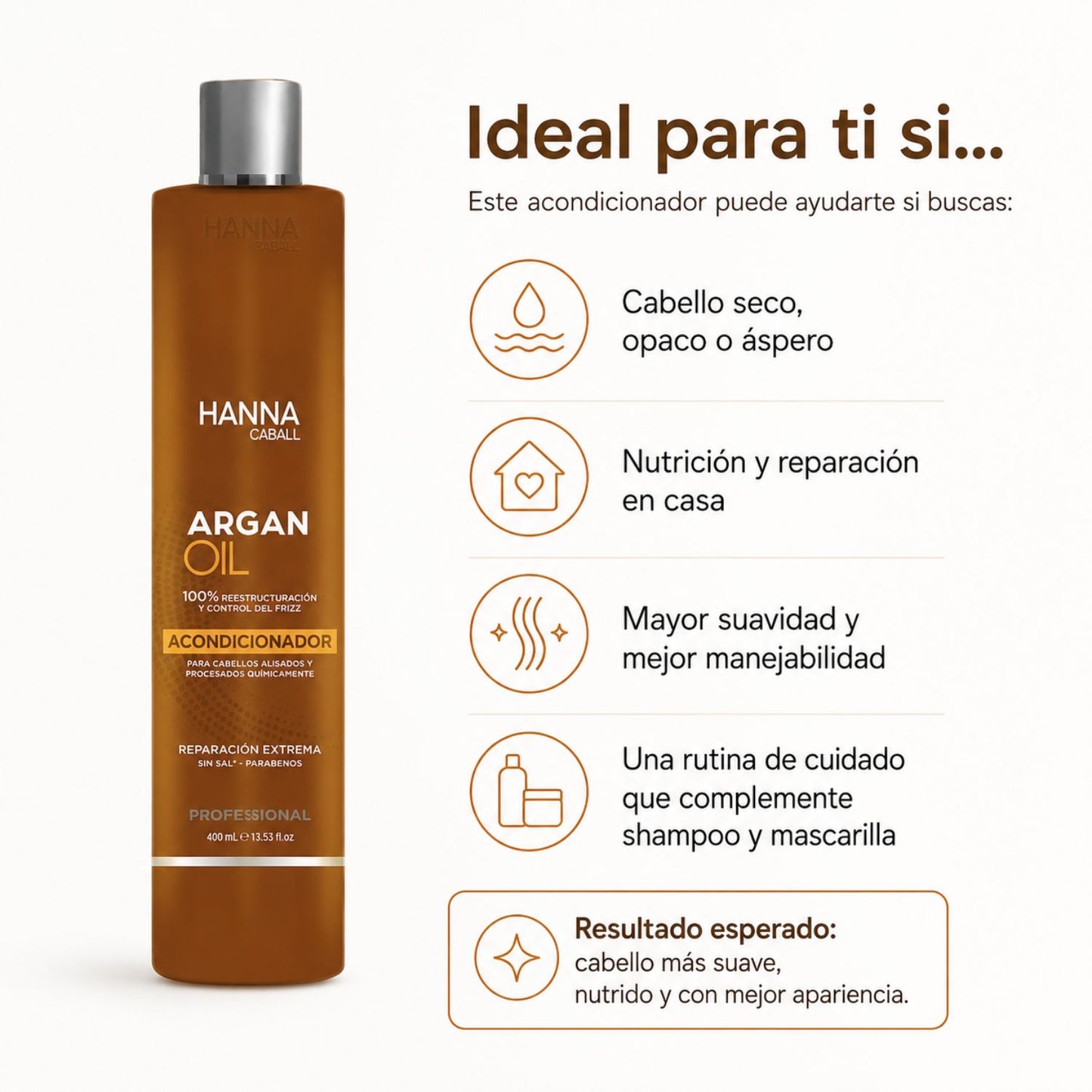 Hanna Caball Acondicionador Argan Oil 400 ml para cabello seco, opaco o áspero