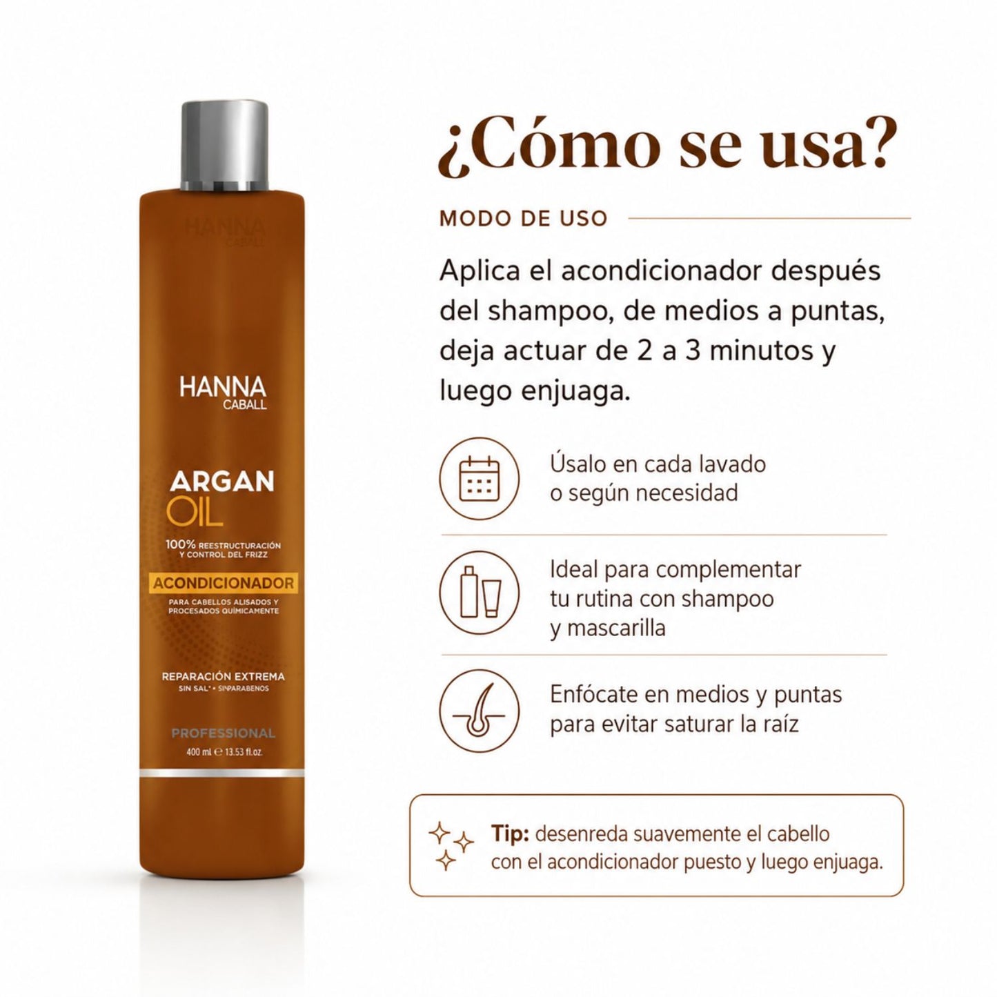 Hanna Caball Acondicionador Argan Oil 400 ml para cabello seco, opaco o áspero
