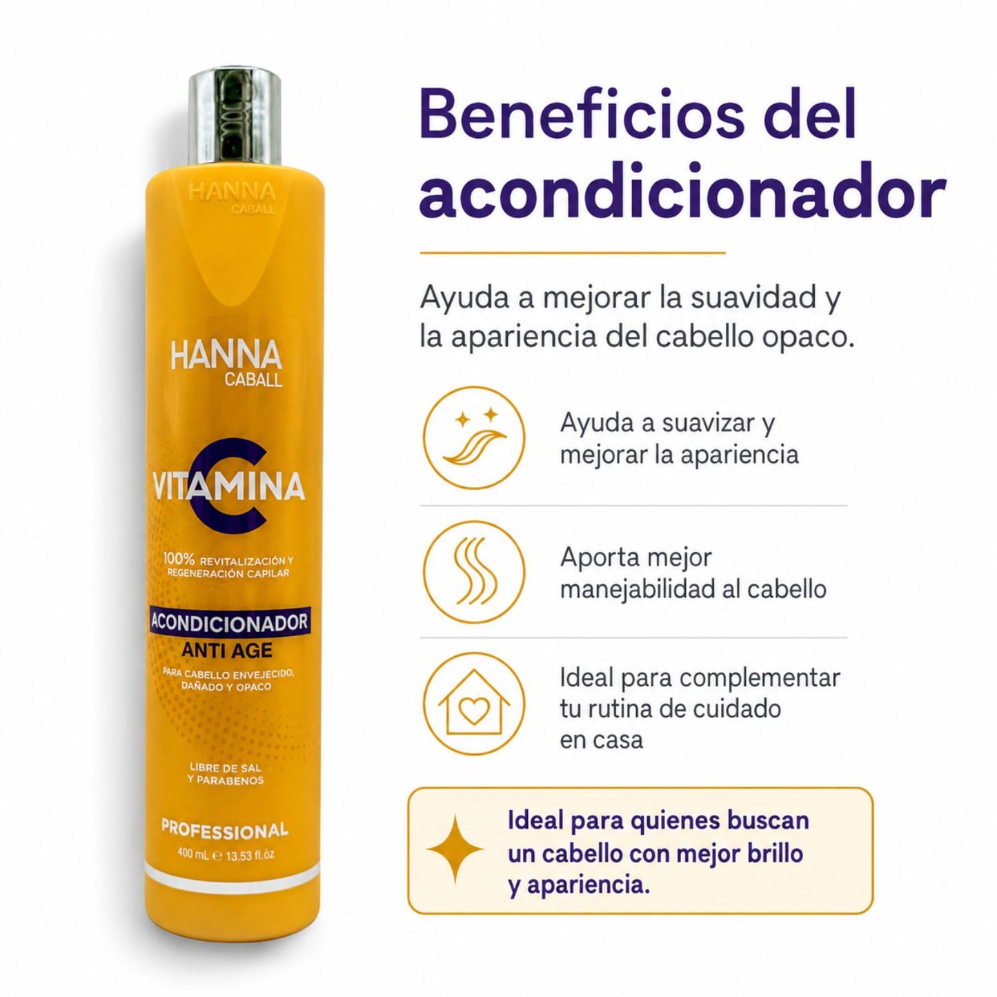 Hanna Caball Acondicionador Vitamina C 400 ml para cabello opaco o con falta de brillo