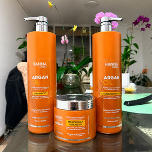 Foto real del pack Hanna Caball Argan Oil con shampoo, acondicionador y mascarilla