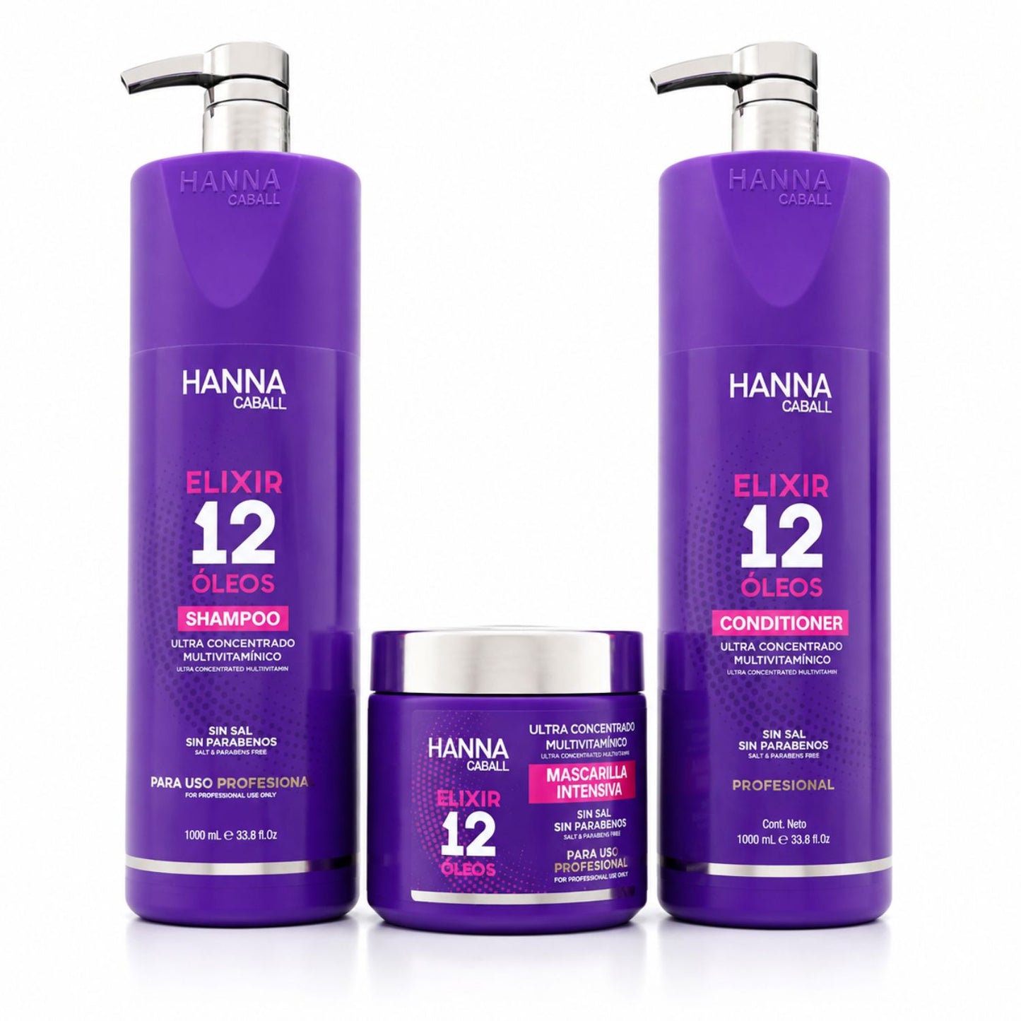 Pack Hanna Caball Elixir 12 Óleos con shampoo 1L, acondicionador 1L y mascarilla