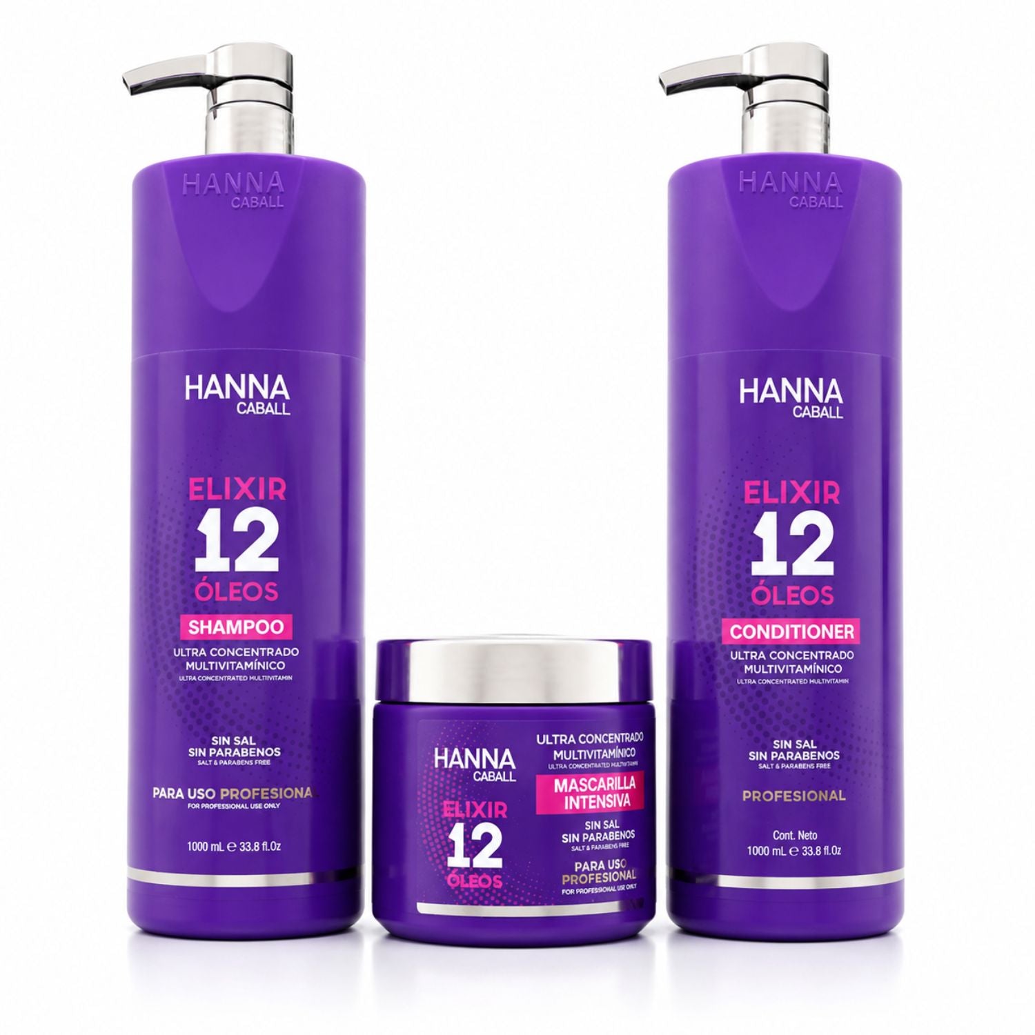 Pack Hanna Caball Elixir 12 Óleos con shampoo 1L, acondicionador 1L y mascarilla