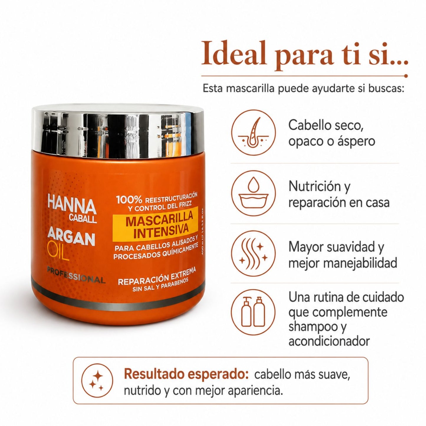 Hanna Caball Mascarilla Argan Oil 400 ml para cabello seco, opaco o áspero