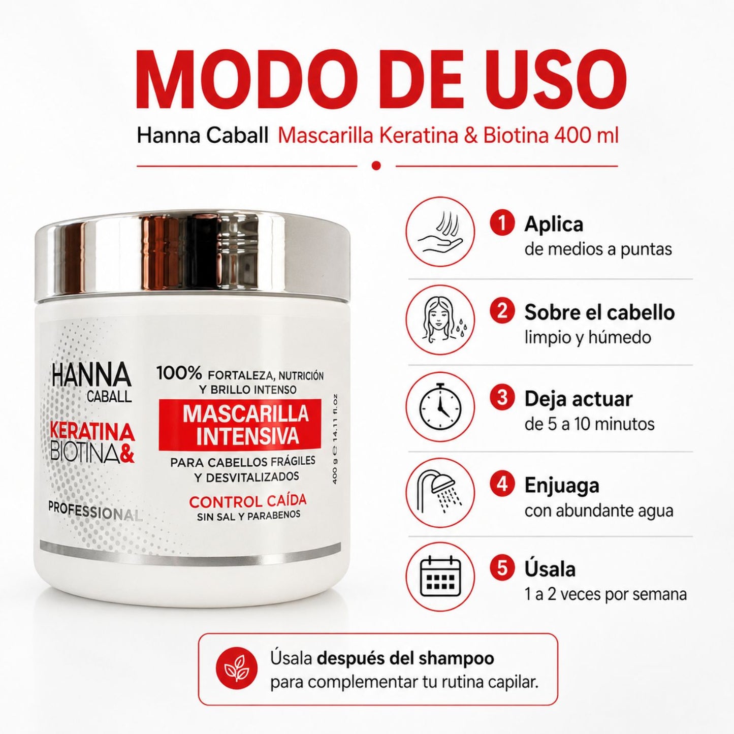 Hanna Caball Mascarilla Keratina & Biotina 400 ml para cabello con frizz, rebelde o difícil de manejar