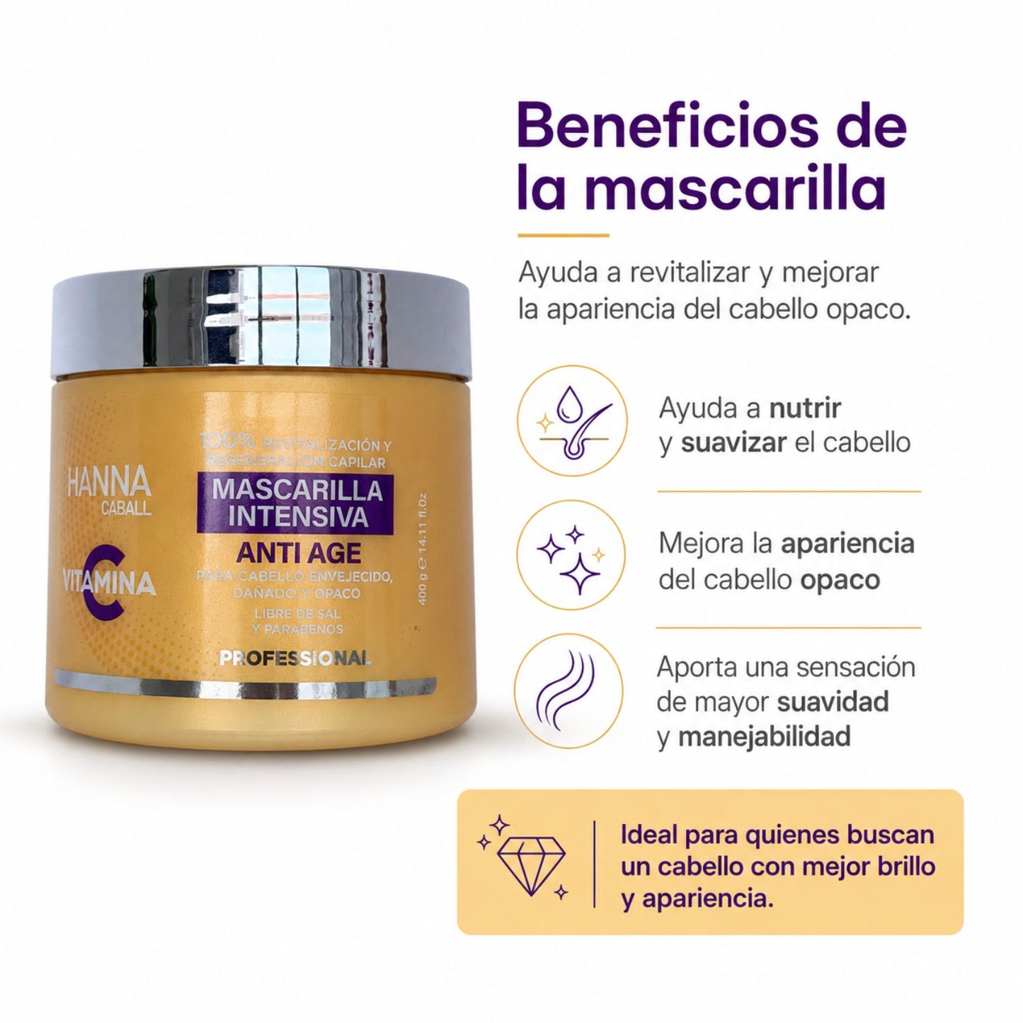 Hanna Caball Mascarilla Vitamina C 400 ml para cabello opaco o con falta de brillo