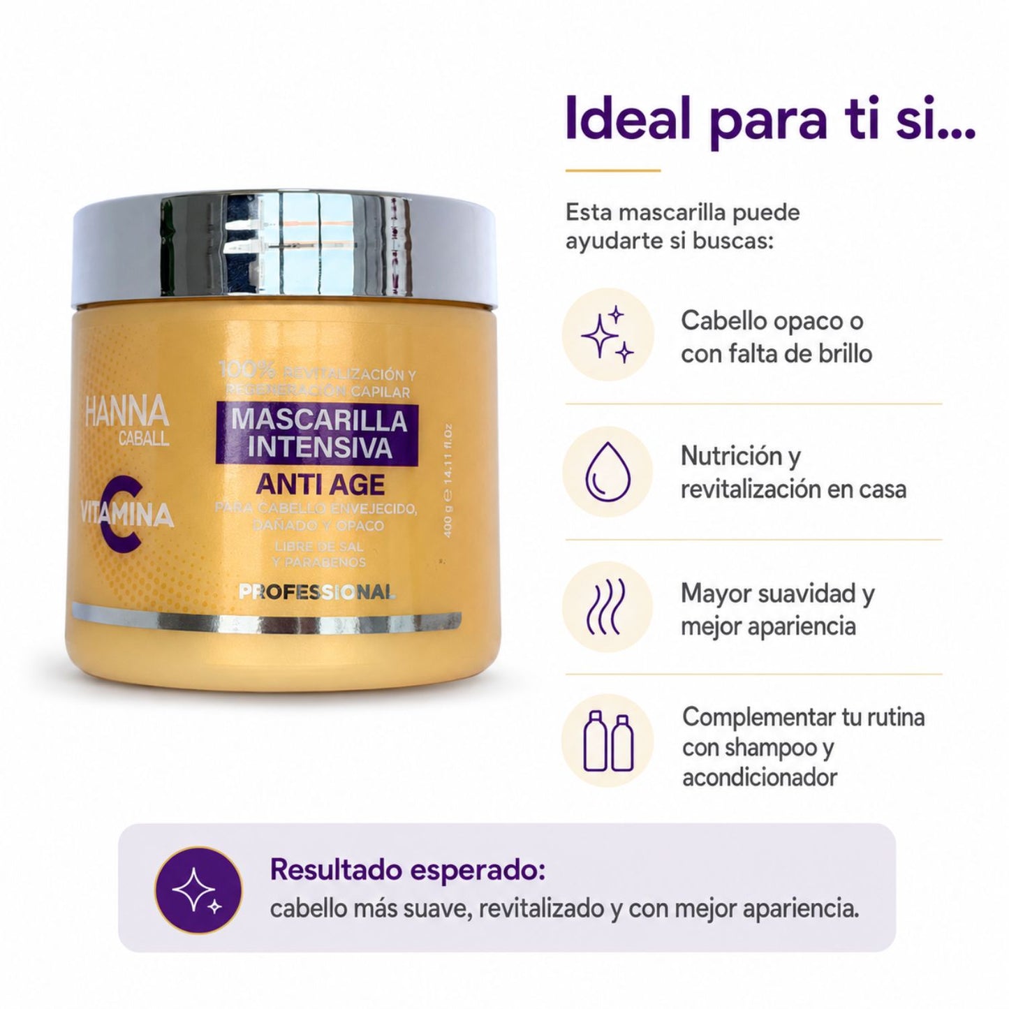 Hanna Caball Mascarilla Vitamina C 400 ml para cabello opaco o con falta de brillo