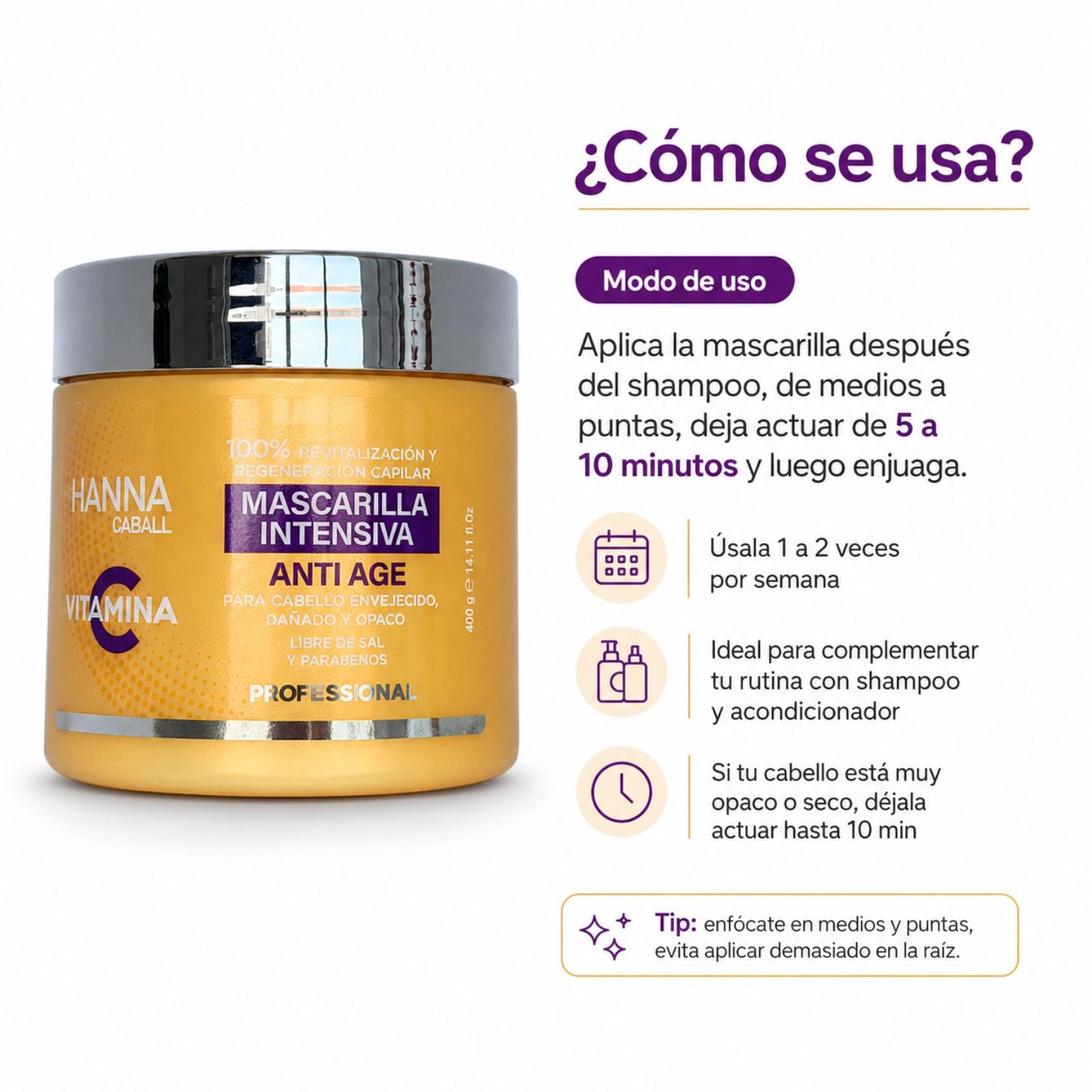 Hanna Caball Mascarilla Vitamina C 400 ml para cabello opaco o con falta de brillo