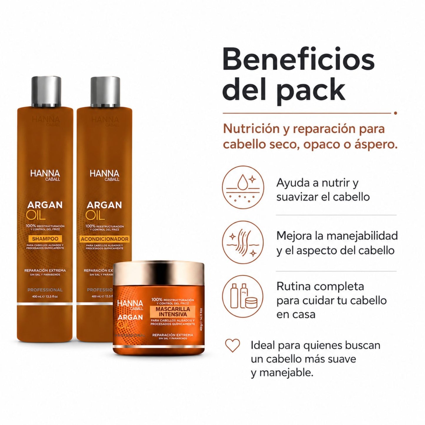 Hanna Caball Pack Argan Oil 400 ml Shampoo + Acondicionador + Mascarilla