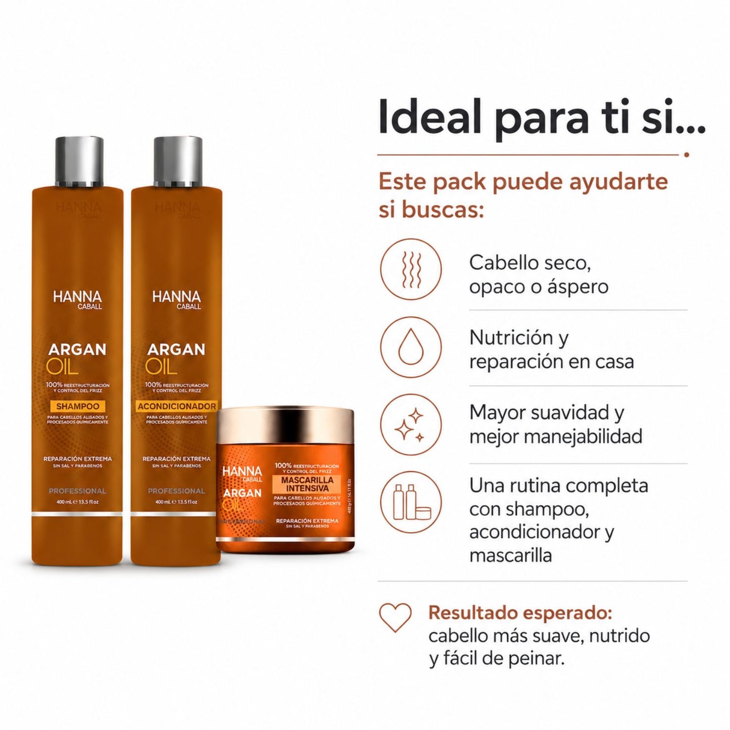 Hanna Caball Pack Argan Oil 400 ml Shampoo + Acondicionador + Mascarilla