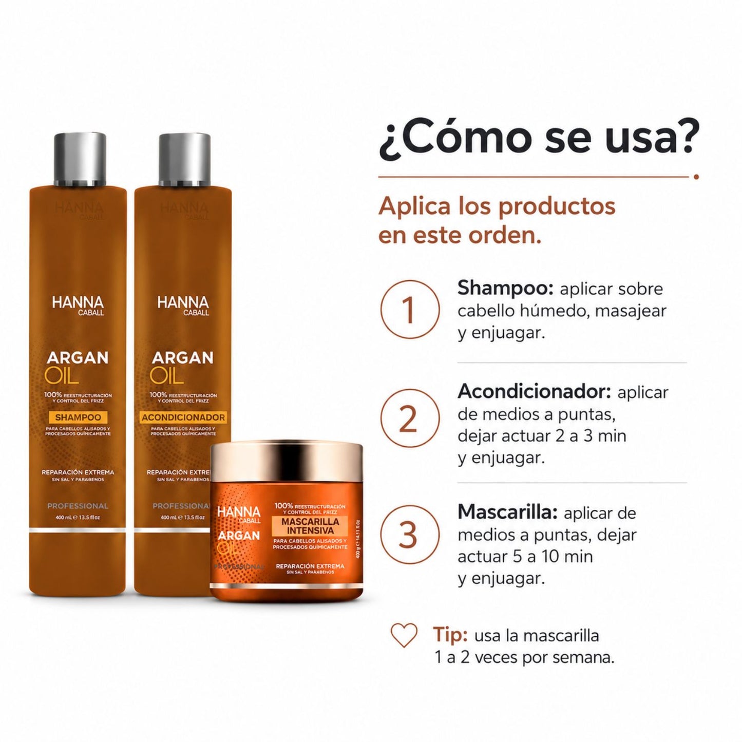Hanna Caball Pack Argan Oil 400 ml Shampoo + Acondicionador + Mascarilla