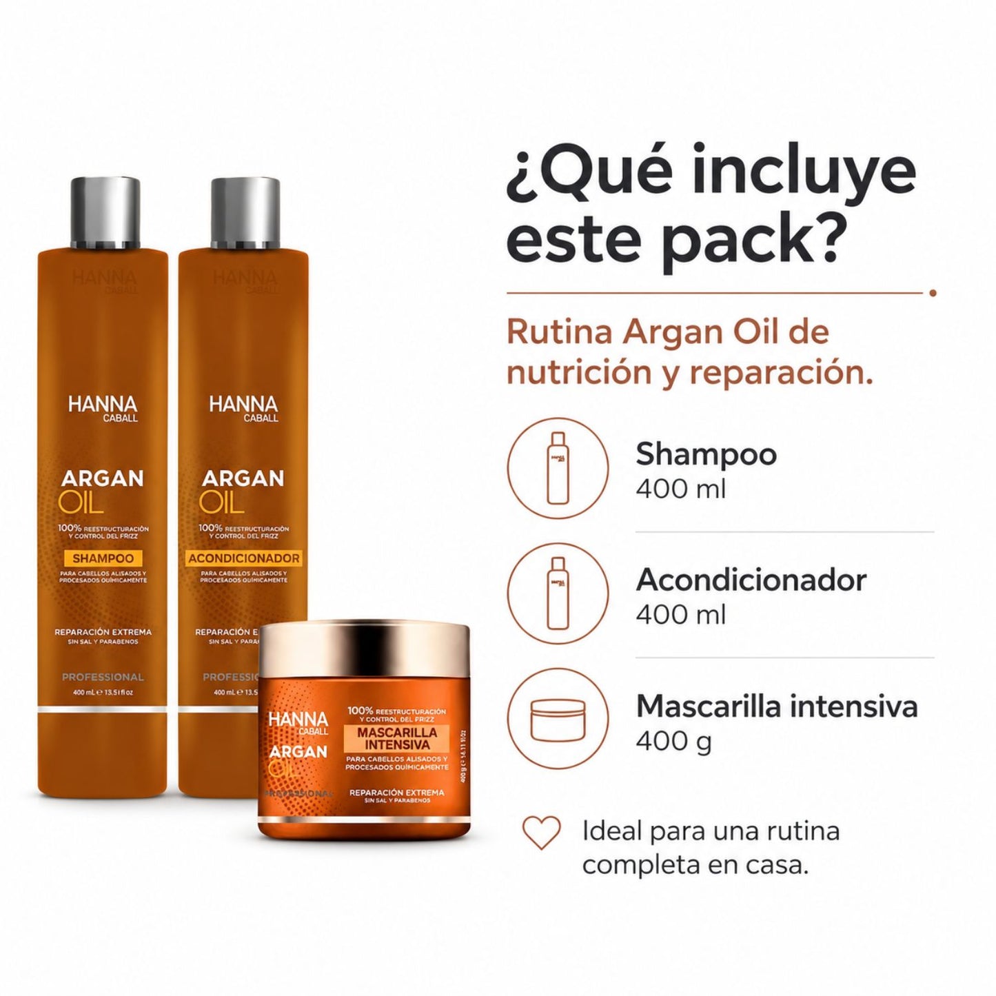 Hanna Caball Pack Argan Oil 400 ml Shampoo + Acondicionador + Mascarilla