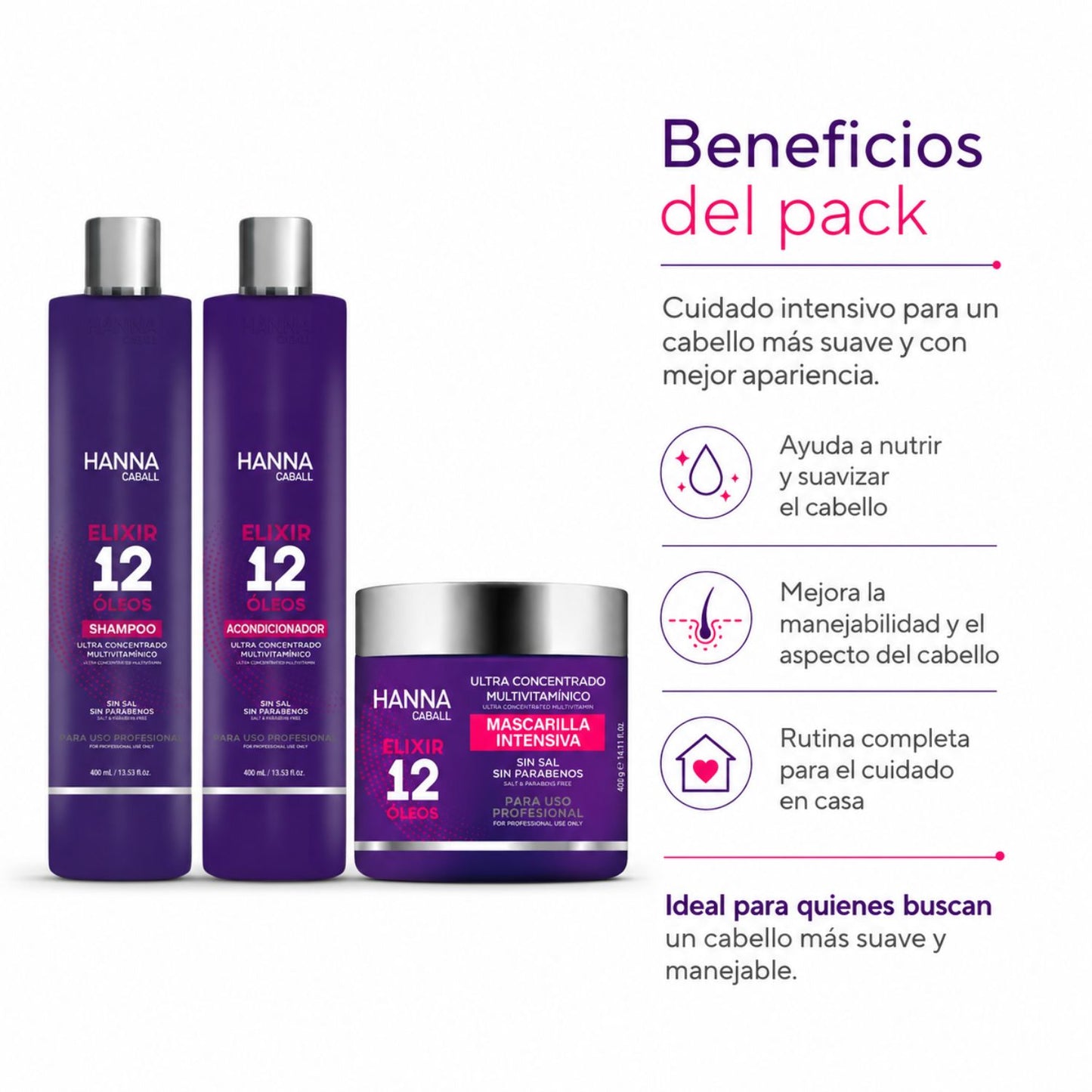 Hanna Caball Pack Elixir 12 Óleos 400 ml Shampoo + Acondicionador + Mascarilla