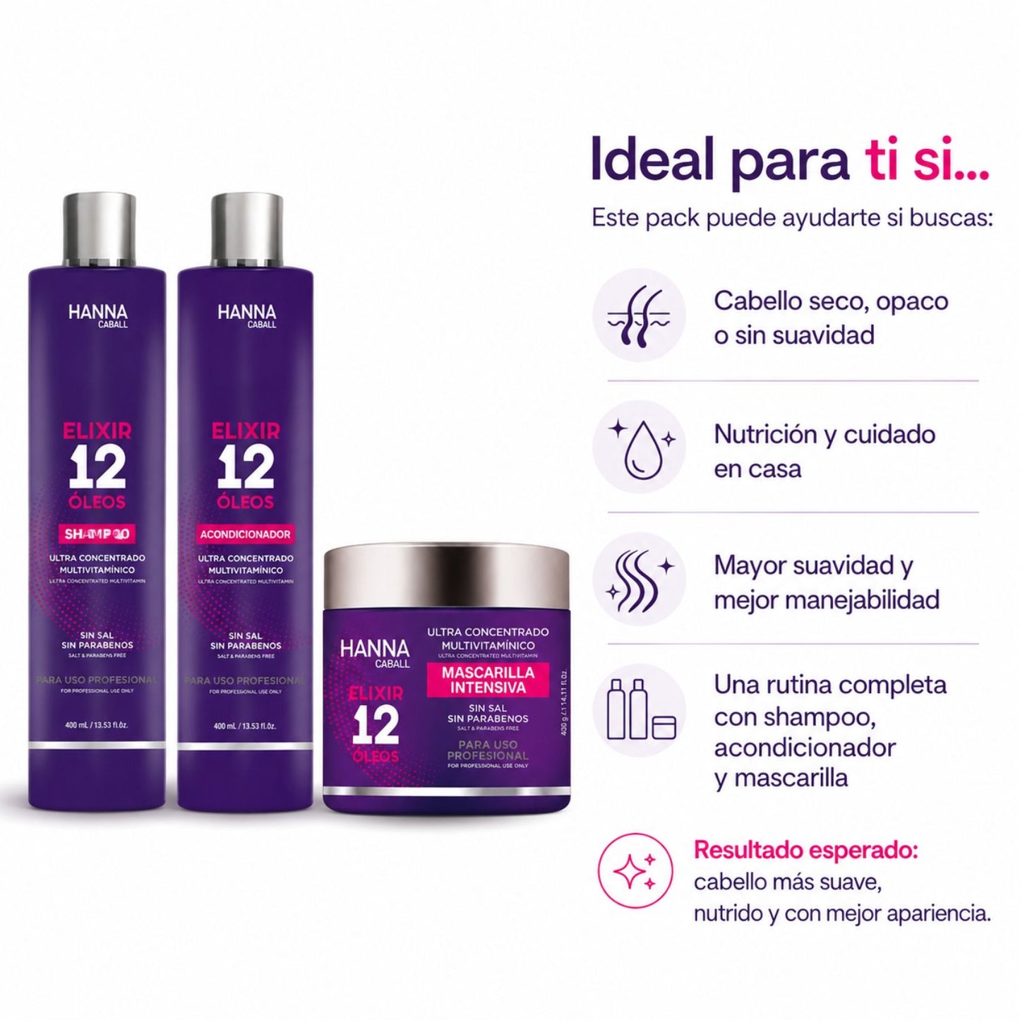 Hanna Caball Pack Elixir 12 Óleos 400 ml Shampoo + Acondicionador + Mascarilla