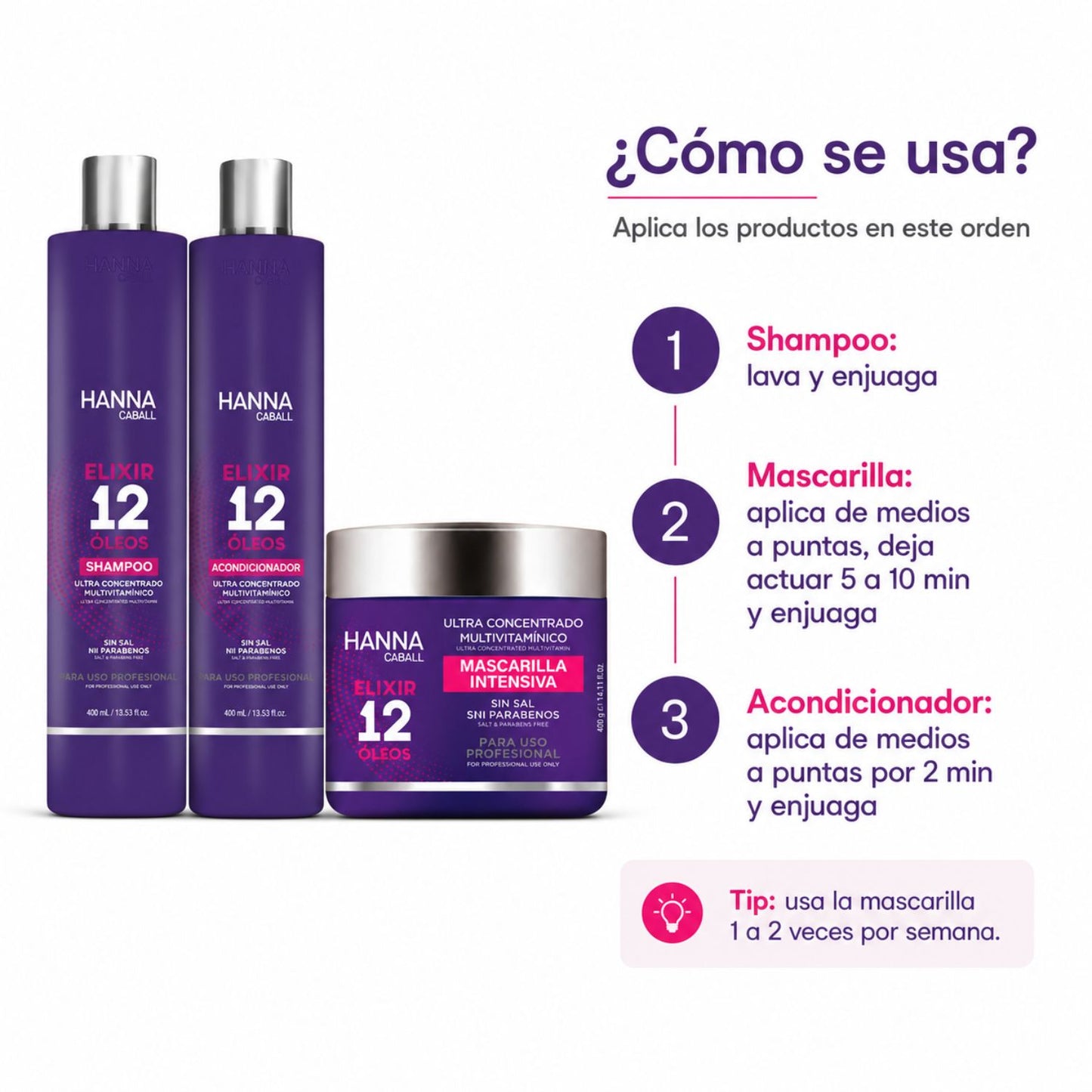 Hanna Caball Pack Elixir 12 Óleos 400 ml Shampoo + Acondicionador + Mascarilla