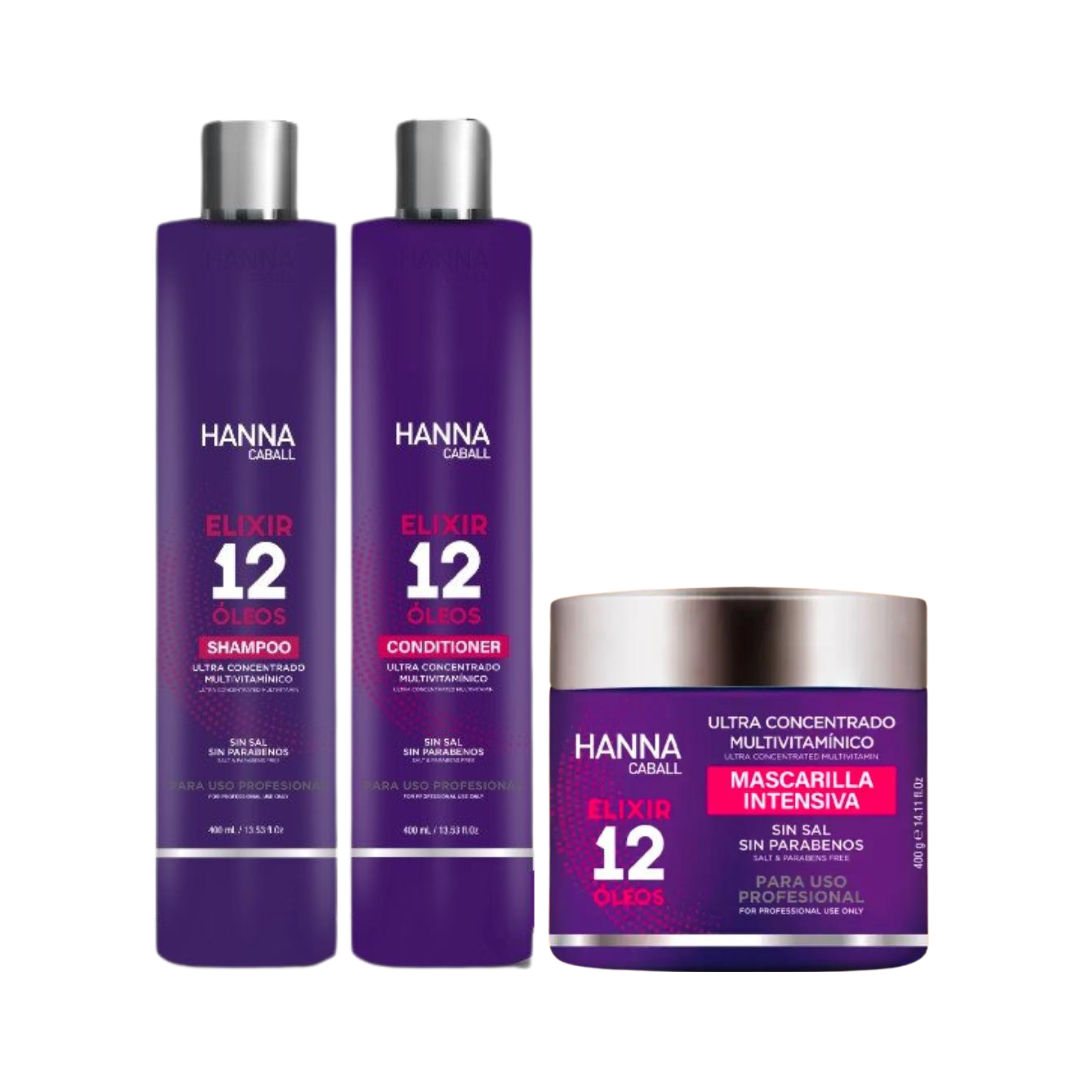 Hanna Caball Pack Elixir 12 Óleos 400 ml Shampoo + Acondicionador + Mascarilla - Hanna Caball - producto disponible en…