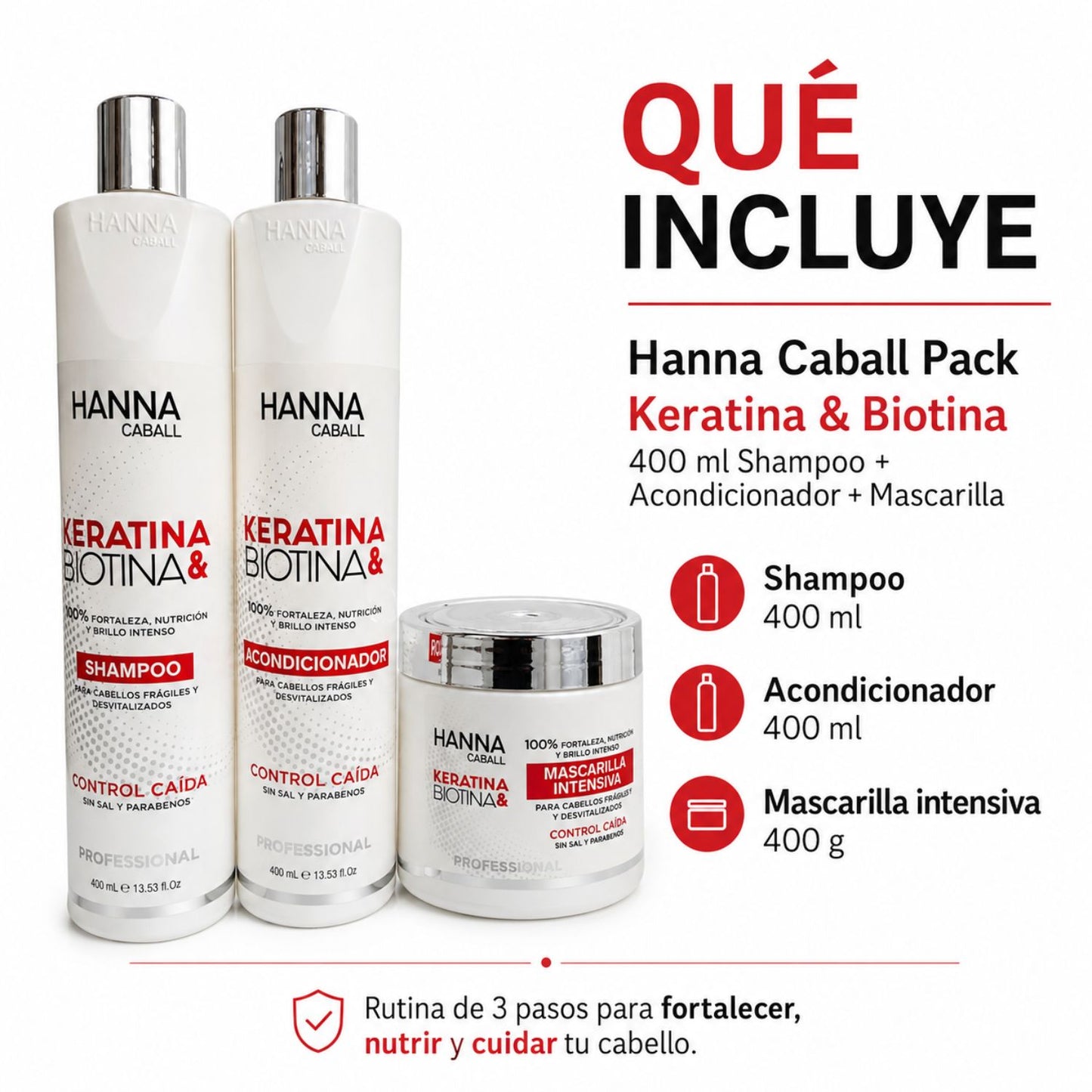 Hanna Caball Pack Keratina & Biotina 400 ml Shampoo + Acondicionador + Mascarilla