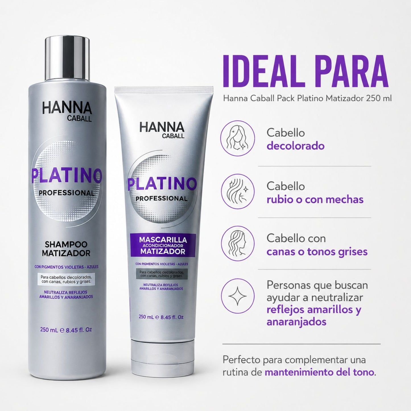 Hanna Caball Pack Platino Matizador 250 ml Shampoo + Mascarilla