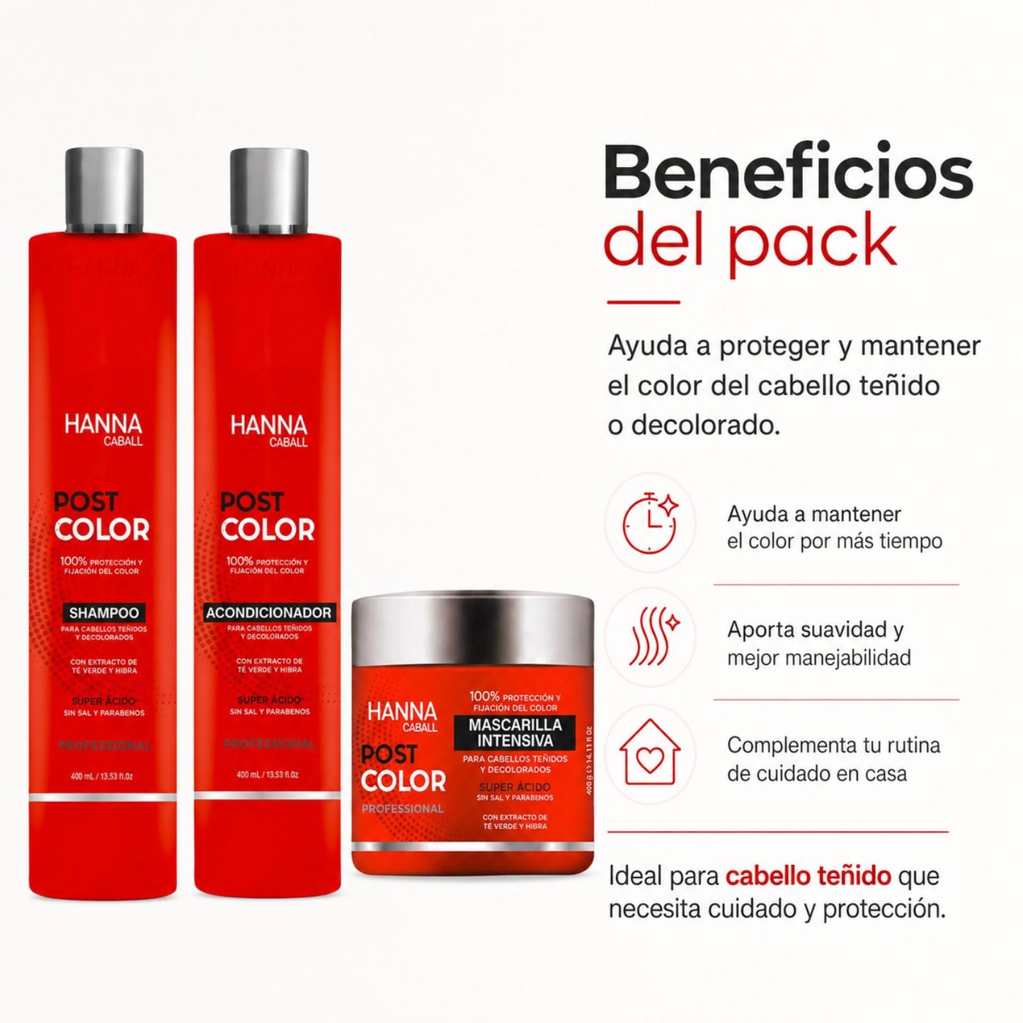 Hanna Caball Pack Post Color 400 ml Shampoo + Acondicionador + Mascarilla