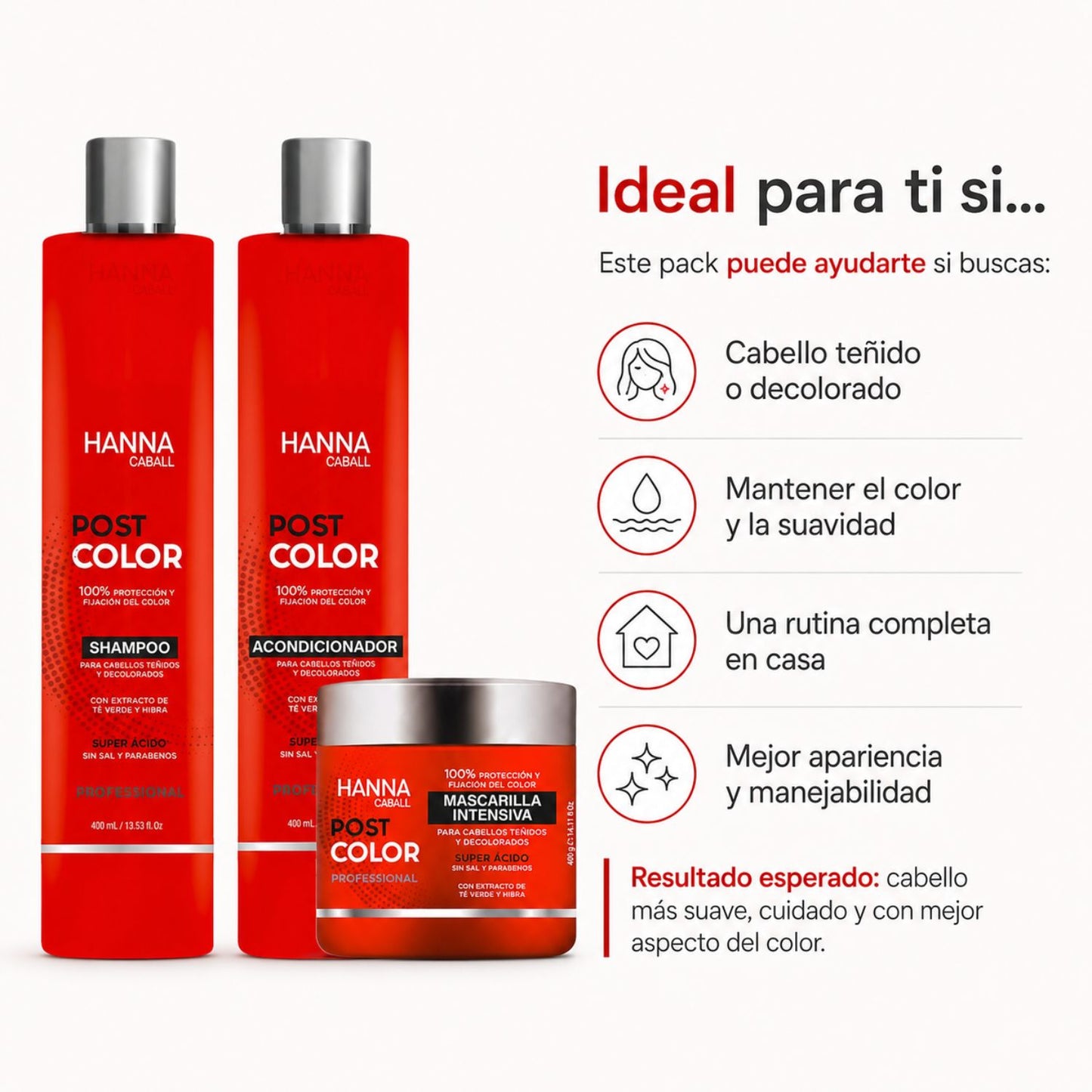 Hanna Caball Pack Post Color 400 ml Shampoo + Acondicionador + Mascarilla