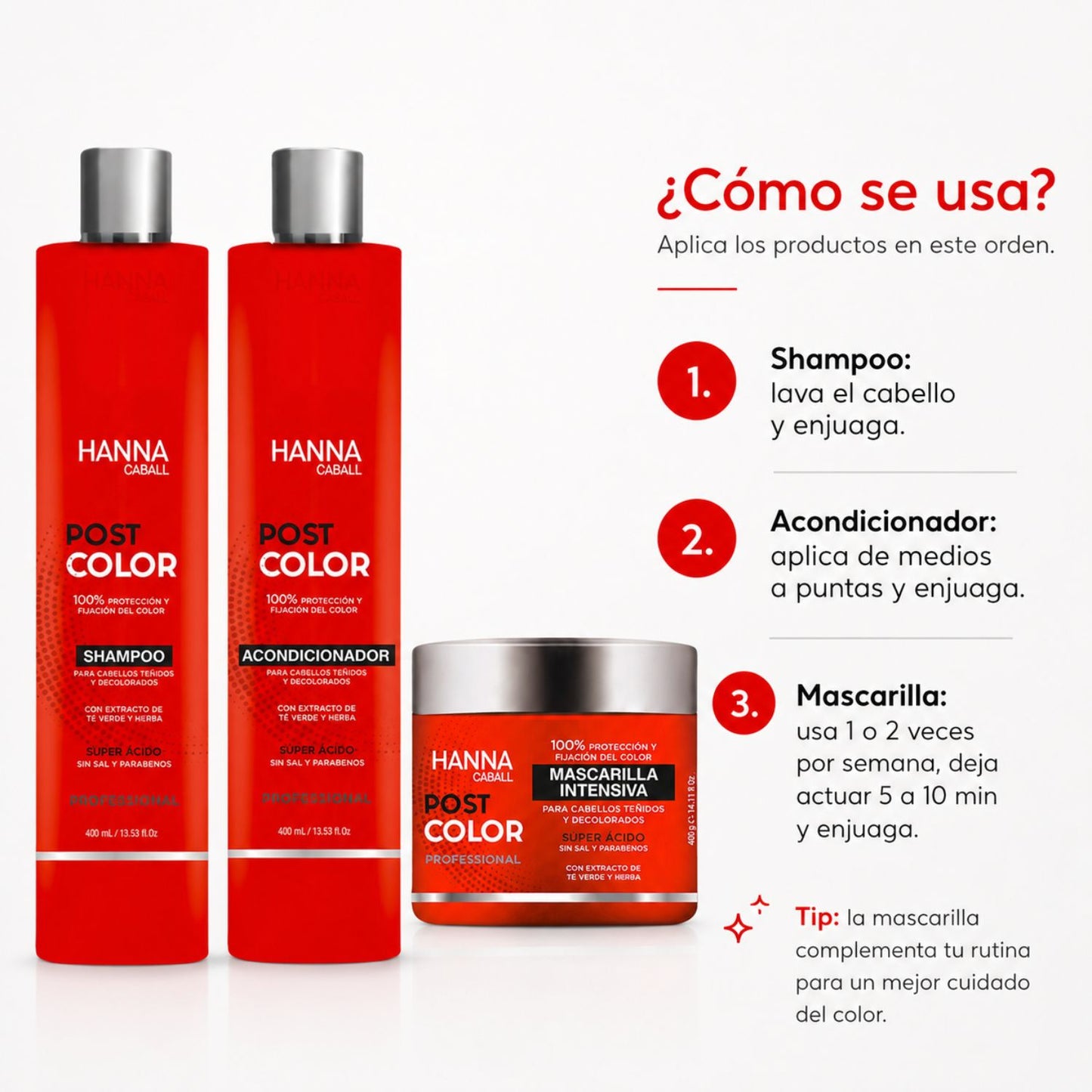 Hanna Caball Pack Post Color 400 ml Shampoo + Acondicionador + Mascarilla