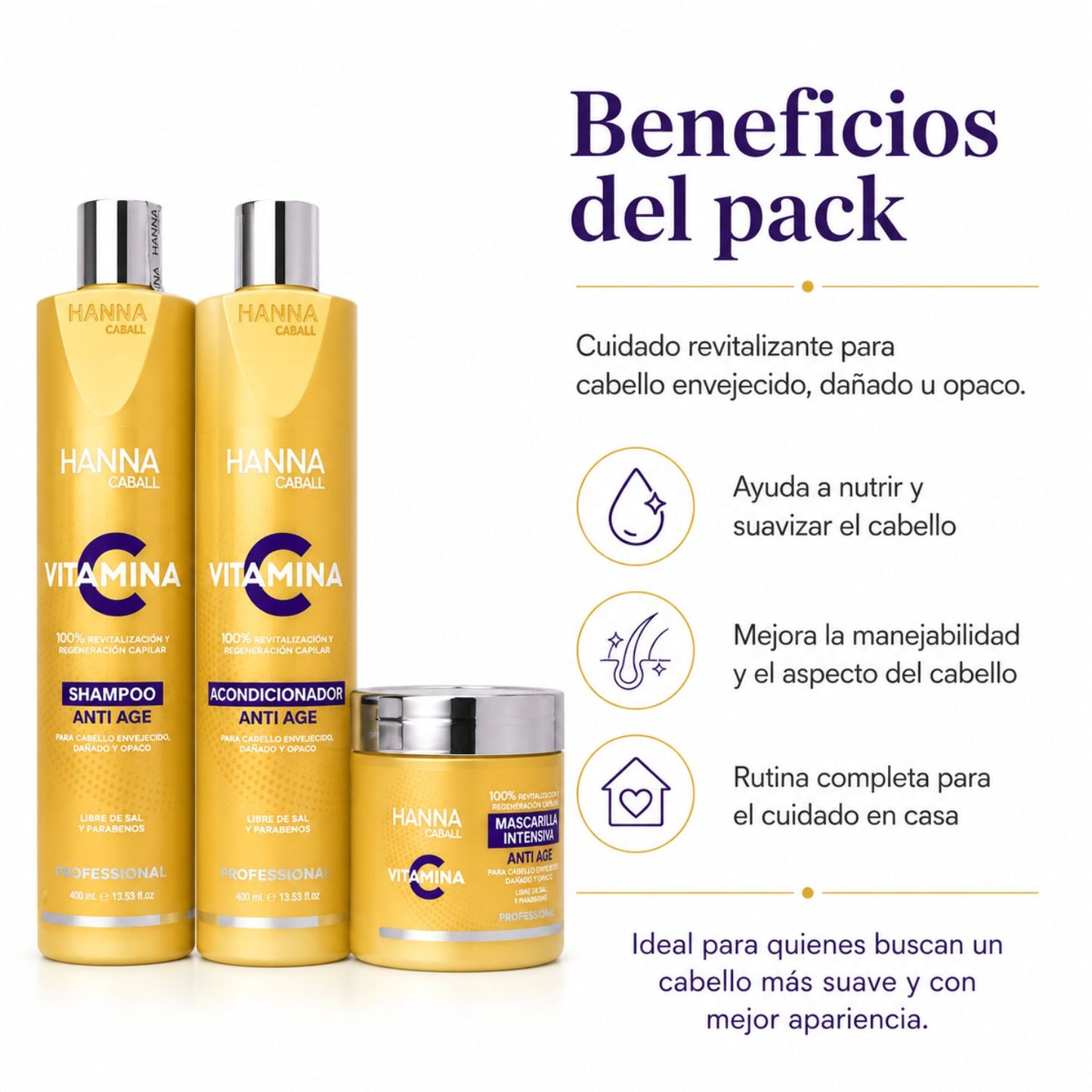Hanna Caball Pack Vitamina C 400 ml Shampoo + Acondicionador + Mascarilla