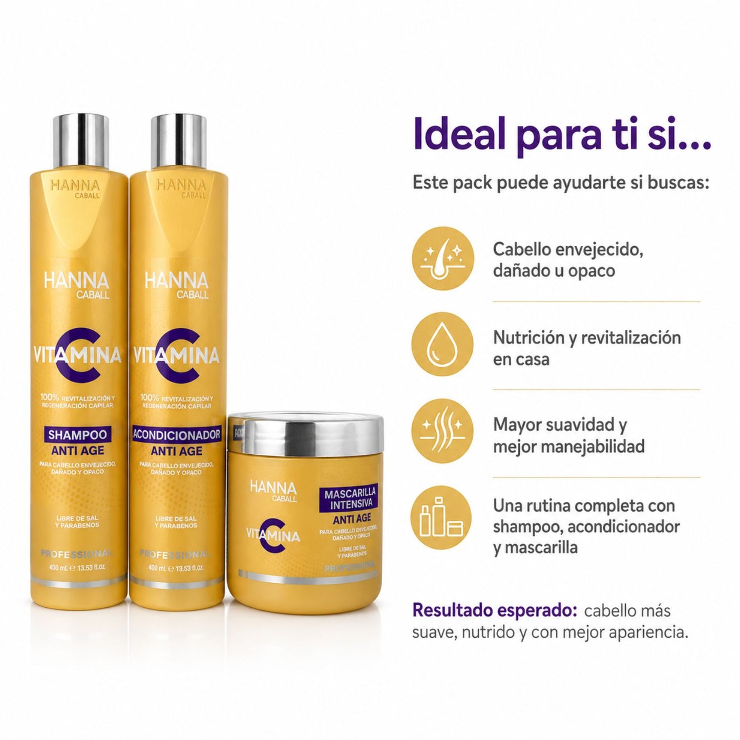 Hanna Caball Pack Vitamina C 400 ml Shampoo + Acondicionador + Mascarilla