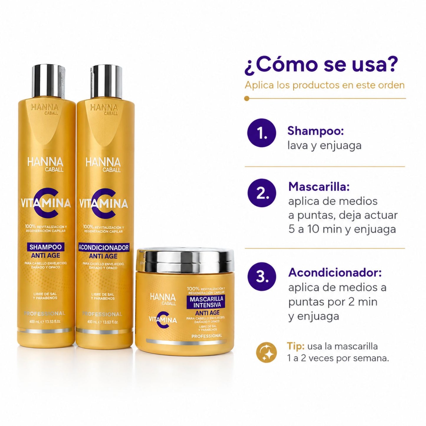 Hanna Caball Pack Vitamina C 400 ml Shampoo + Acondicionador + Mascarilla