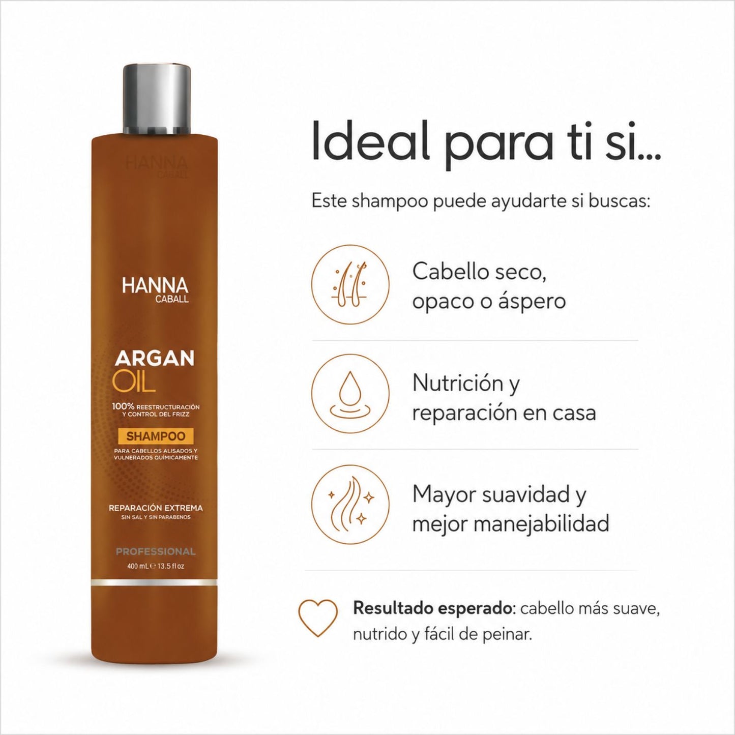 Hanna Caball Shampoo Argan Oil 400 ml para cabello seco, opaco o áspero