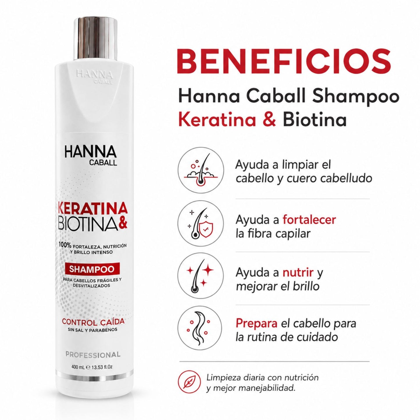 Hanna Caball Shampoo Keratina & Biotina 400 ml para cabello con frizz, rebelde o difícil de manejar