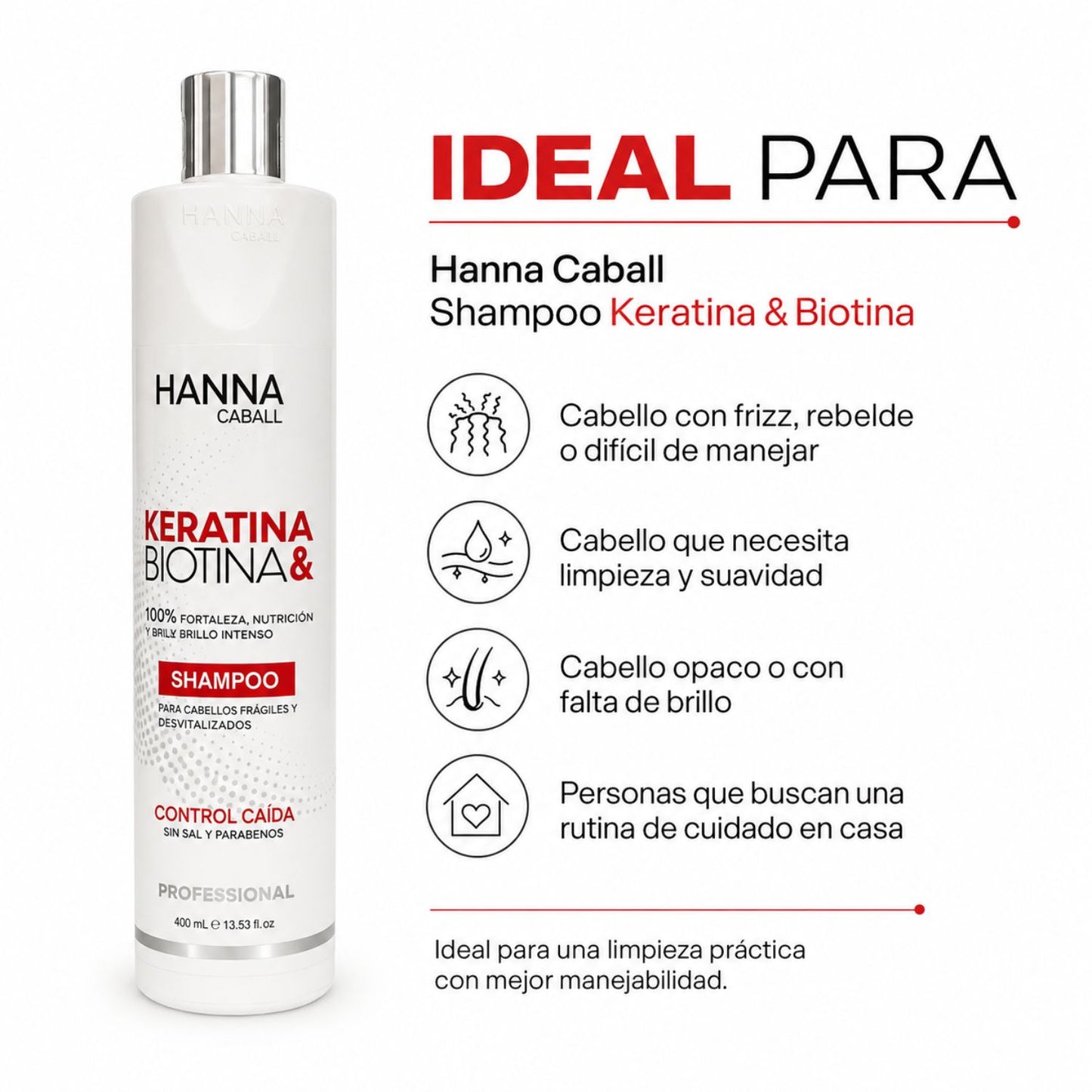 Hanna Caball Shampoo Keratina & Biotina 400 ml para cabello con frizz, rebelde o difícil de manejar