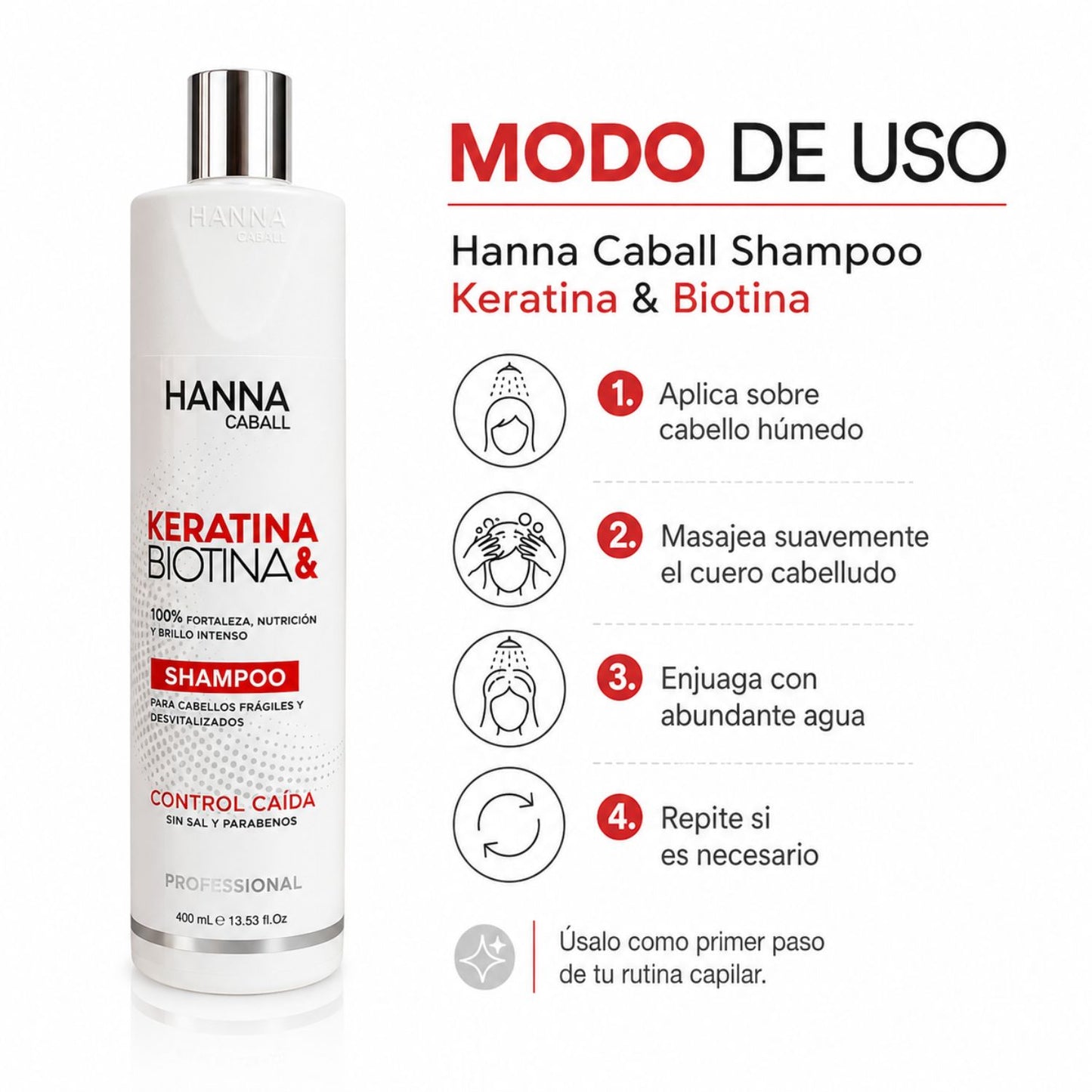 Hanna Caball Shampoo Keratina & Biotina 400 ml para cabello con frizz, rebelde o difícil de manejar