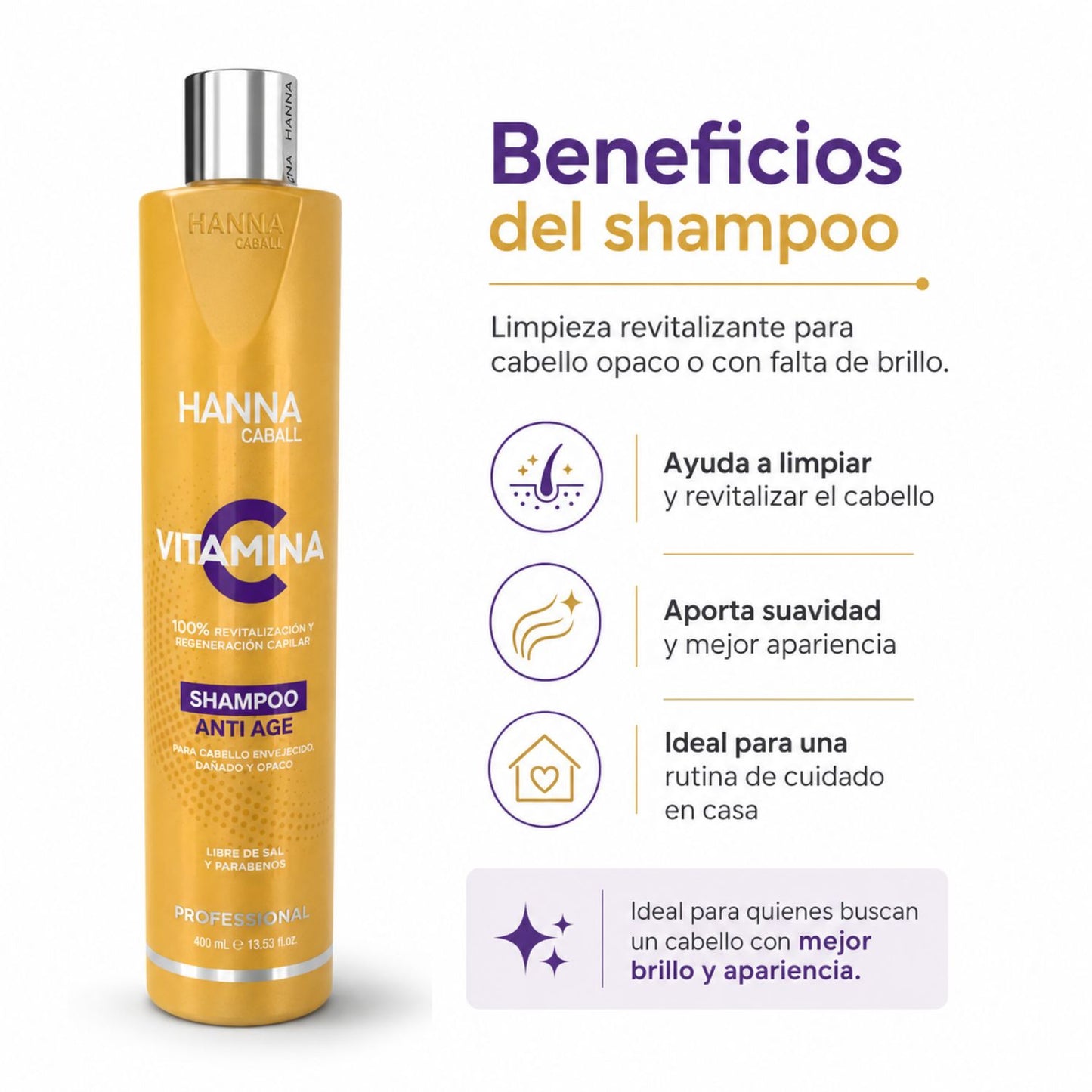 Hanna Caball Shampoo Vitamina C 400 ml para cabello opaco o con falta de brillo