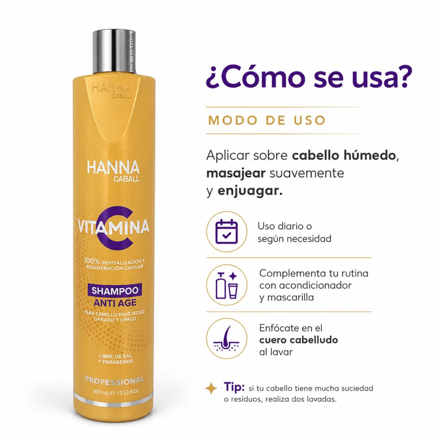 Hanna Caball Shampoo Vitamina C 400 ml para cabello opaco o con falta de brillo