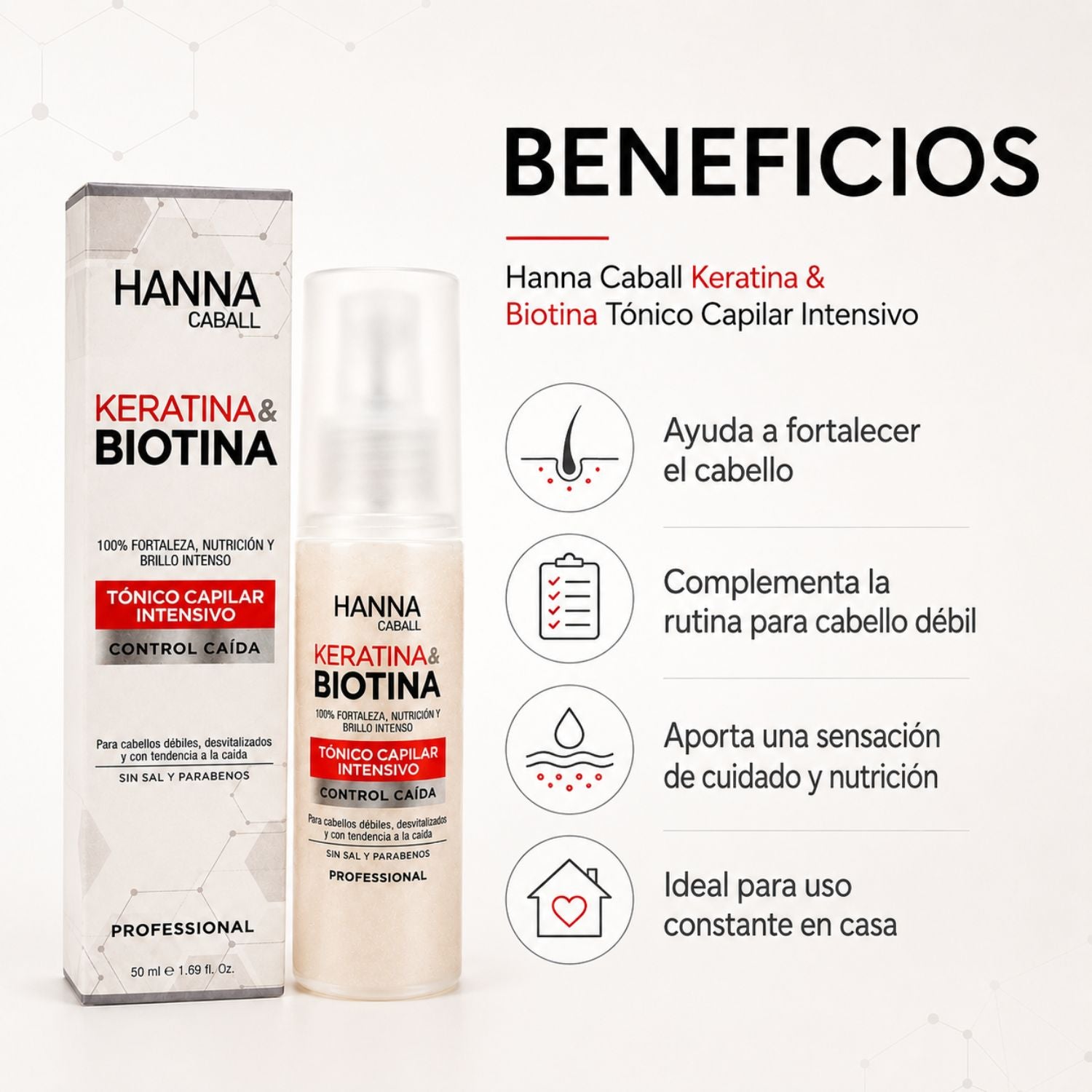 Hanna Caball Tónico capilar Keratina & Biotina anticaída 50 ml para cabello con frizz, rebelde o difícil de manejar
