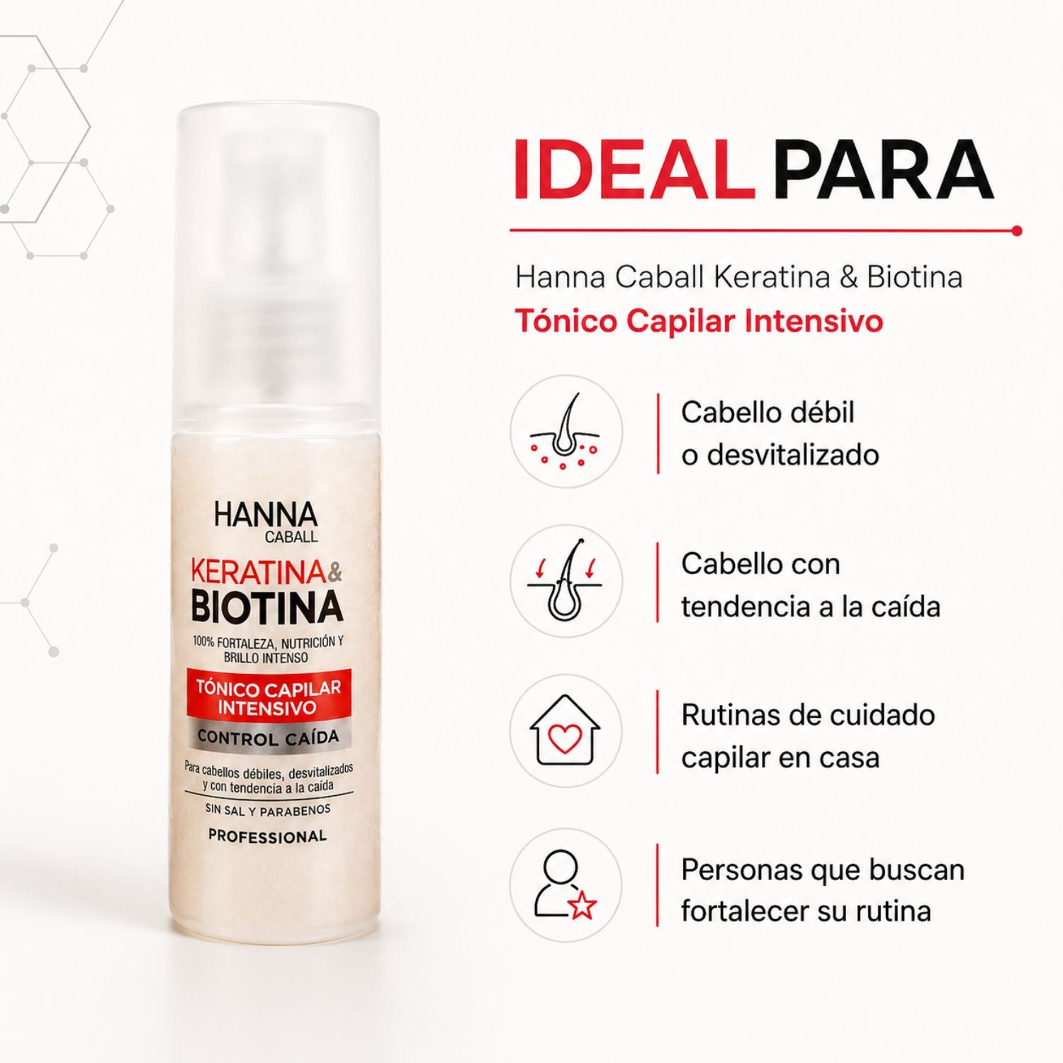 Hanna Caball Tónico capilar Keratina & Biotina anticaída 50 ml para cabello con frizz, rebelde o difícil de manejar