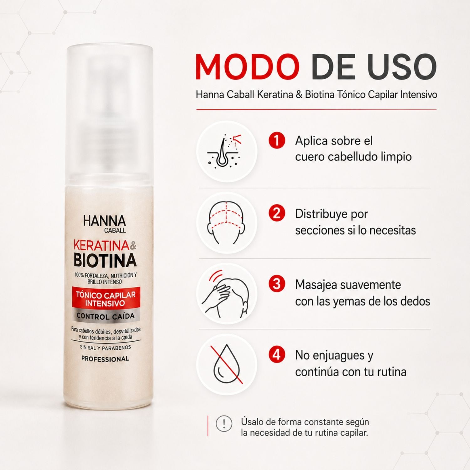 Hanna Caball Tónico capilar Keratina & Biotina anticaída 50 ml para cabello con frizz, rebelde o difícil de manejar