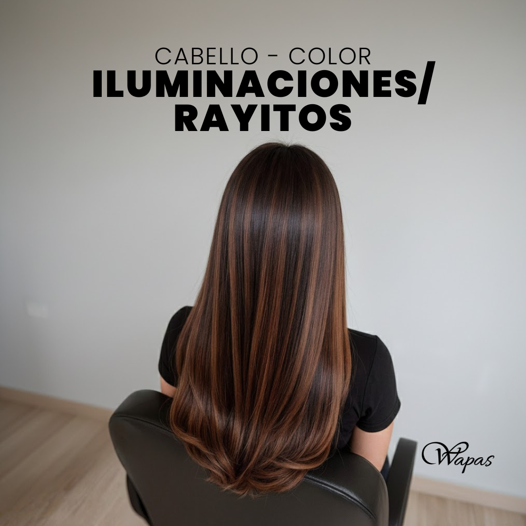 Iluminaciones y rayitos de cabello realizados en Wapas Salón en San Isidro, Lima; técnica de coloración profesional con efecto luminoso y natural.