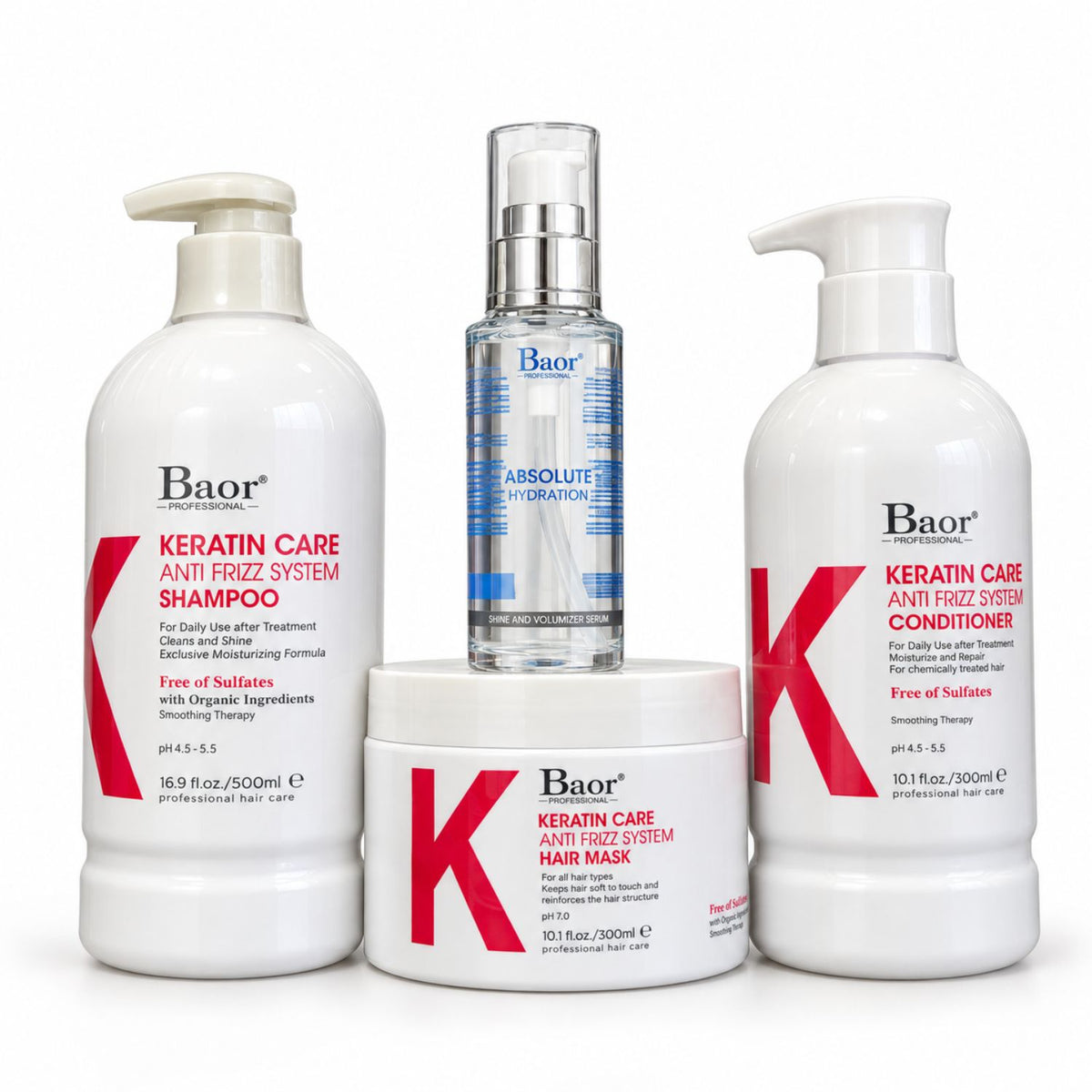Pack BAOR Keratin Care con shampoo, acondicionador y mascarilla y Absolute Hydration sobre fondo blanco.
