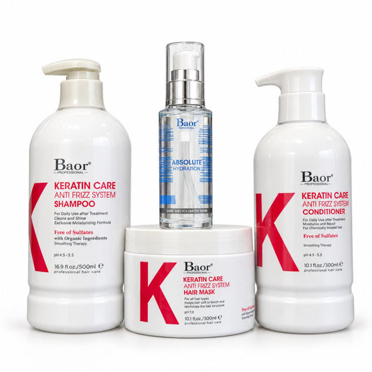 Pack BAOR Keratin Care con shampoo, acondicionador y mascarilla y Absolute Hydration sobre fondo blanco.