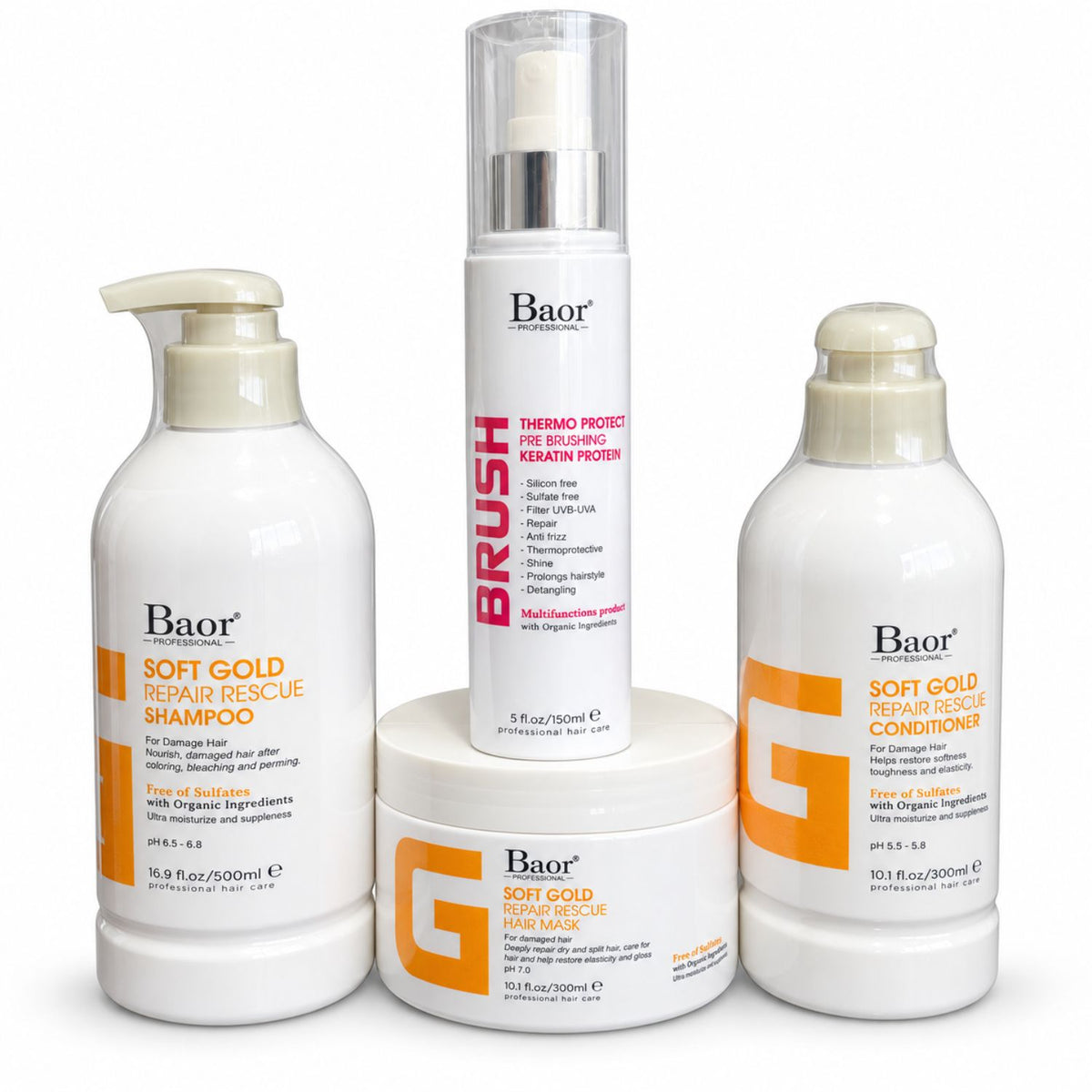 Pack BAOR Soft Gold con shampoo, acondicionador y mascarilla y Brush Thermo Protect sobre fondo blanco.