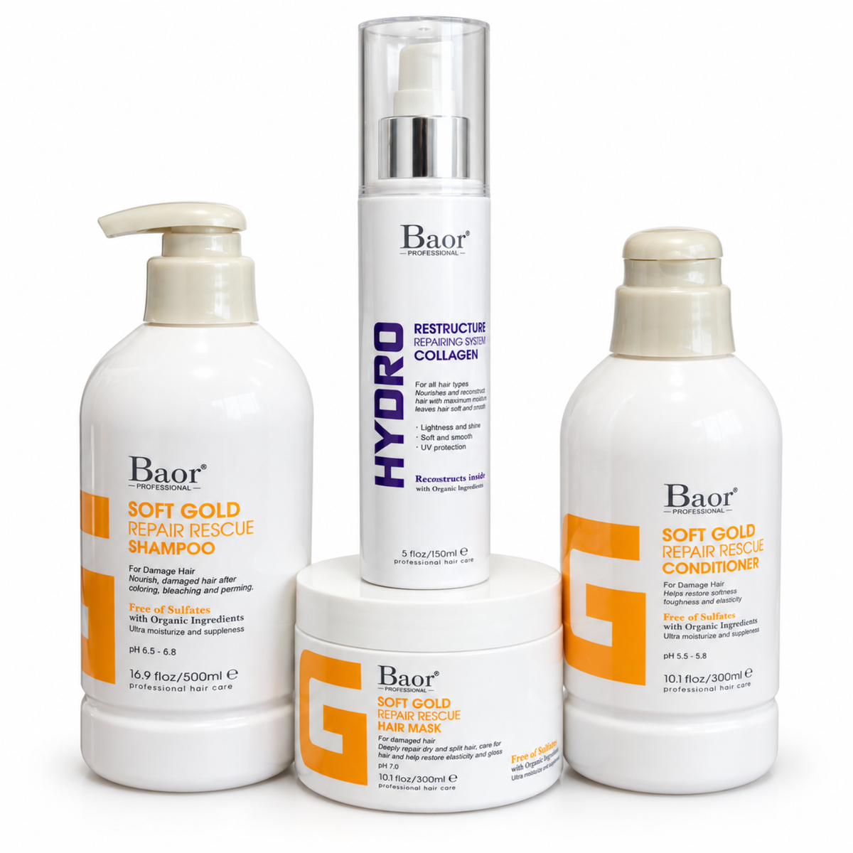 Pack BAOR Soft Gold con shampoo, acondicionador y mascarilla y Hydro Collagen sobre fondo blanco.